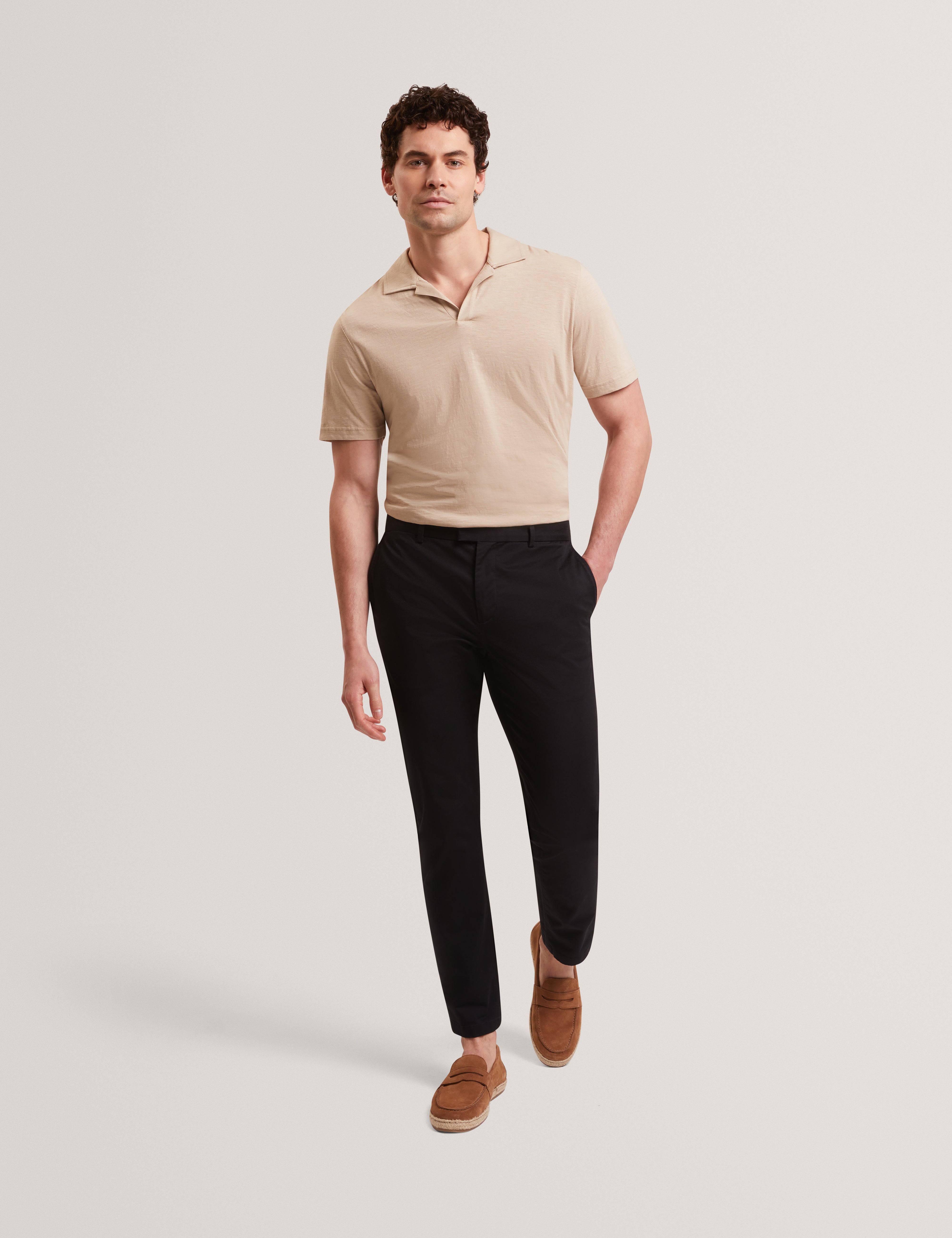 Anito Short Sleeve Cotton Linen Open Neck Polo Taupe