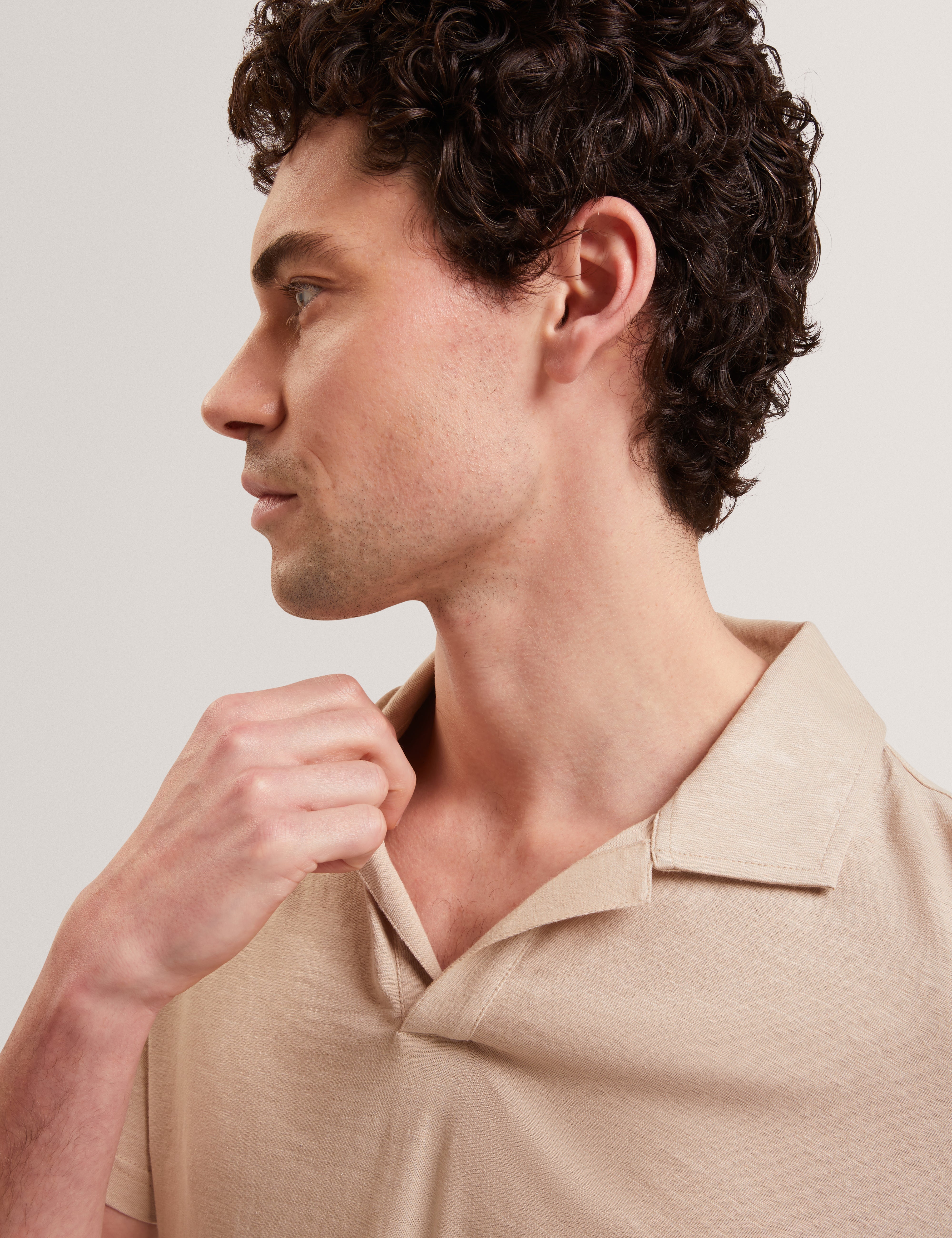 Anito Short Sleeve Cotton Linen Open Neck Polo Taupe