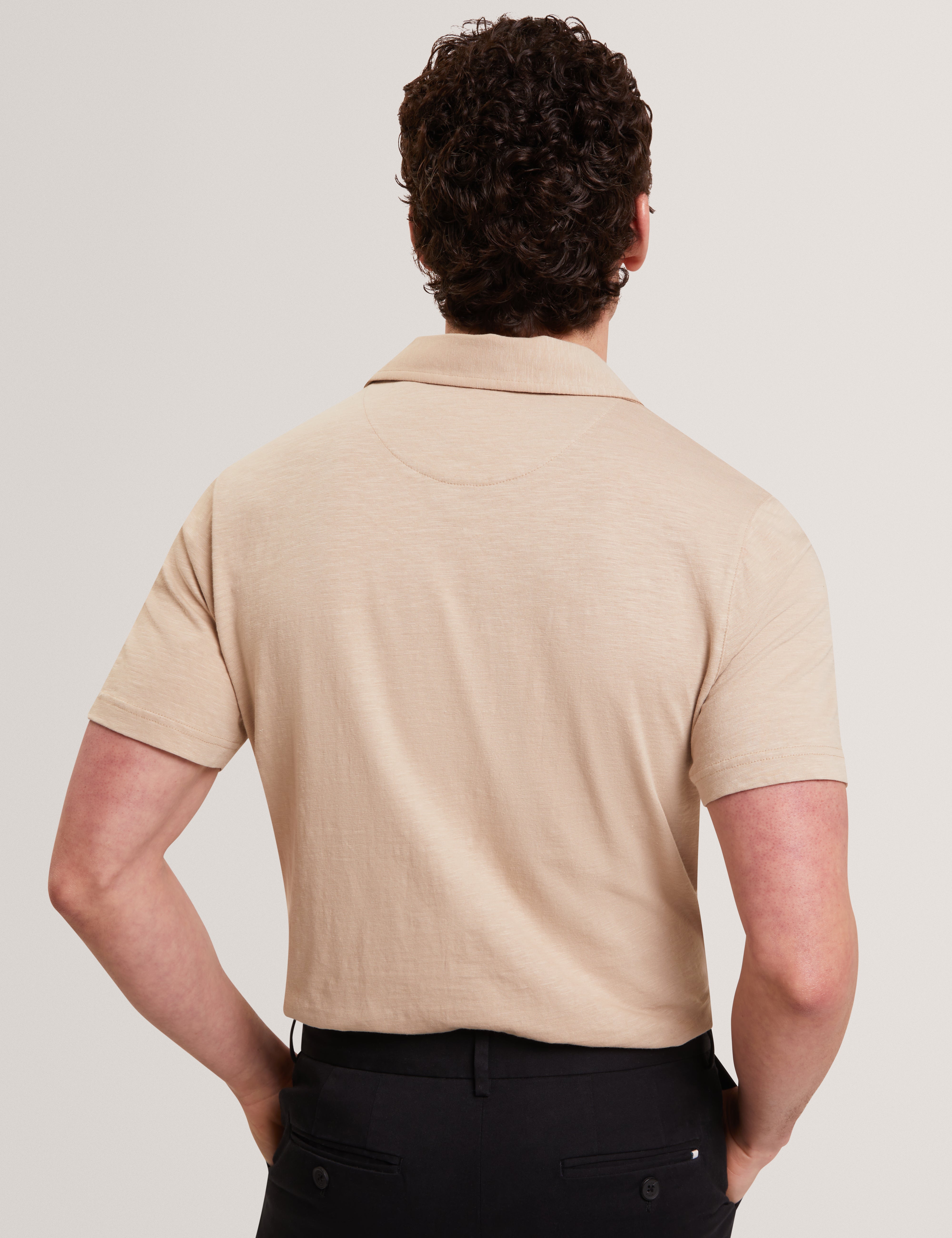 Anito Short Sleeve Cotton Linen Open Neck Polo Taupe