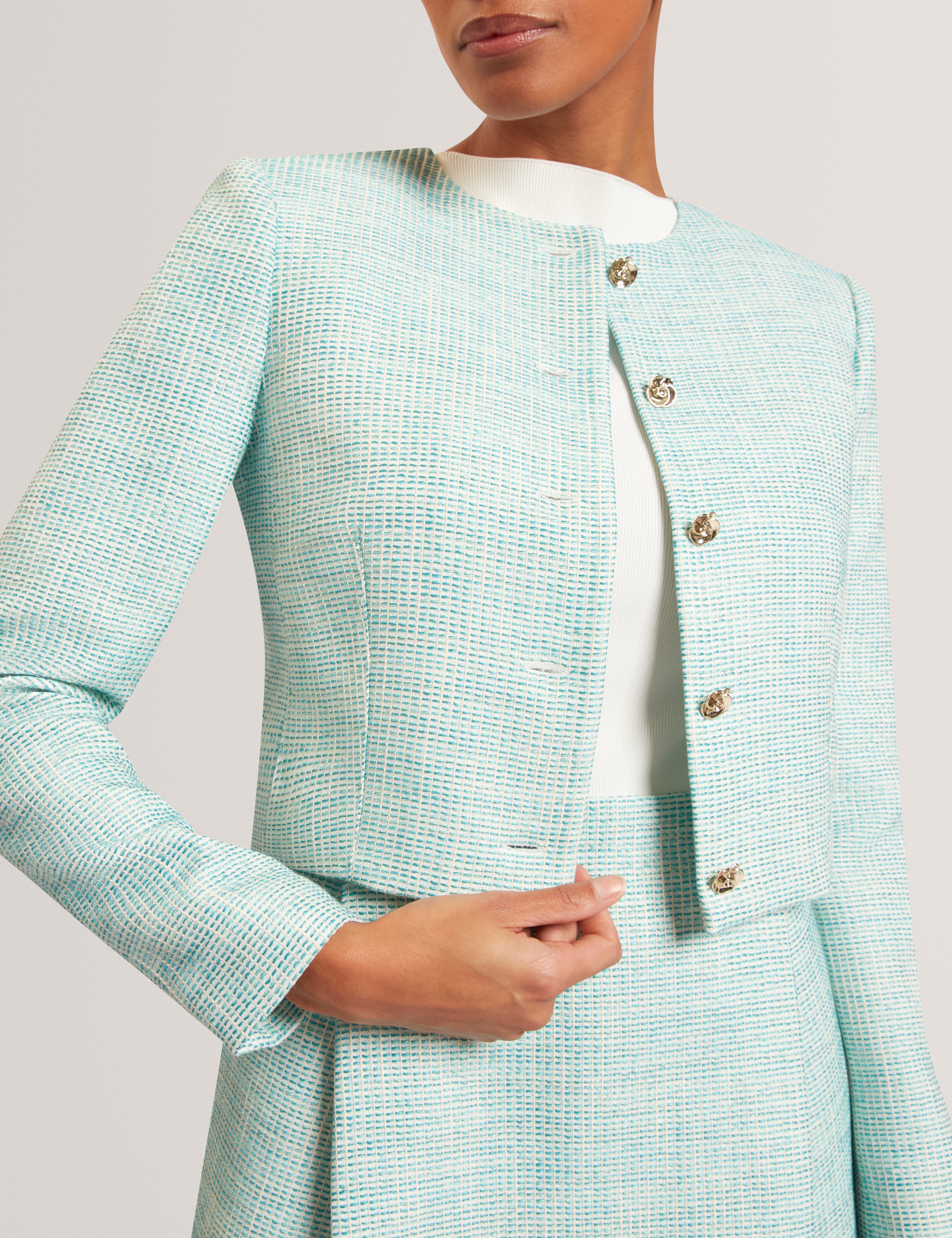 Previa Cropped Tailored Boucle Jacket Mid-Green