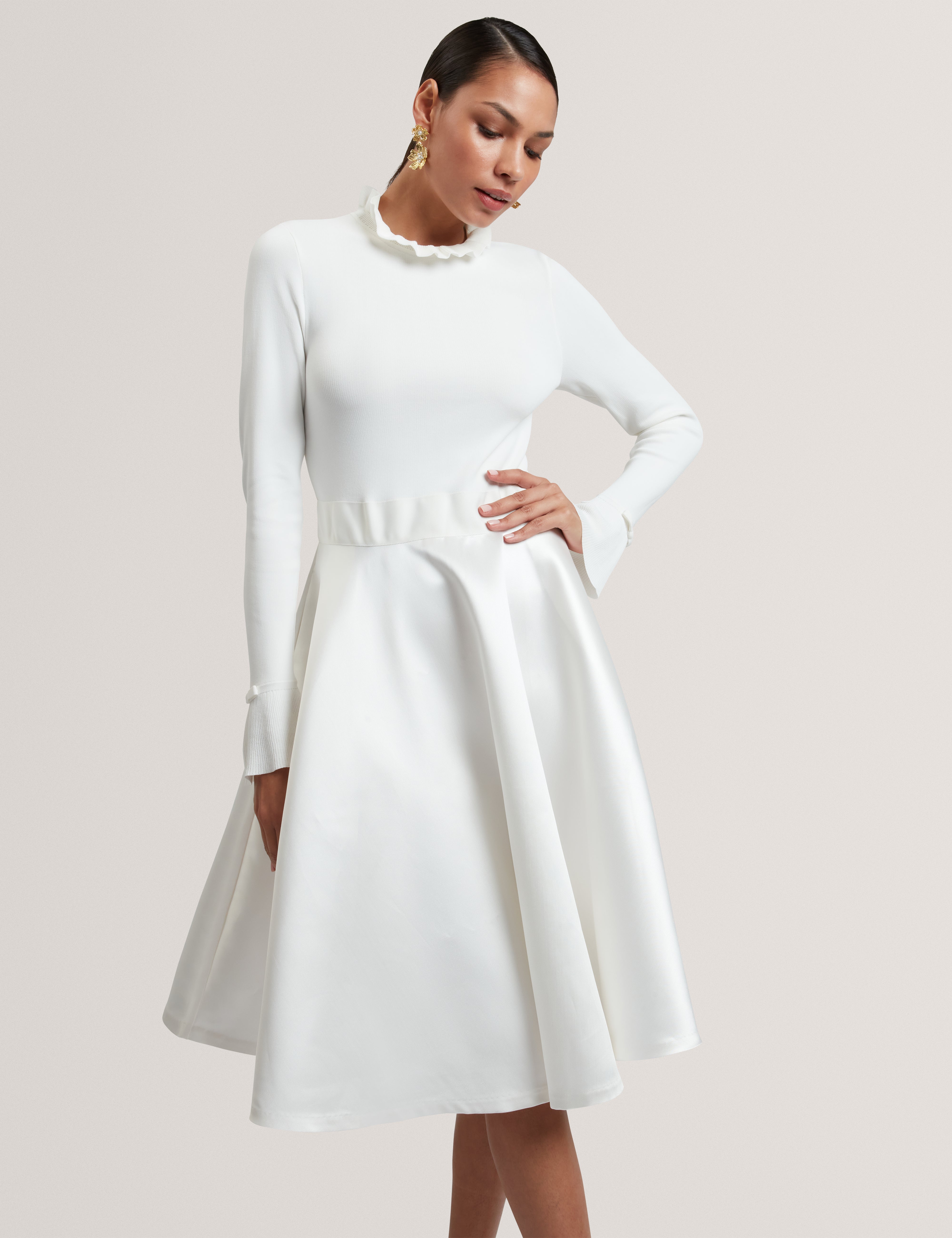 Zadi Knitted Frill Full Skirt Dress Ivory