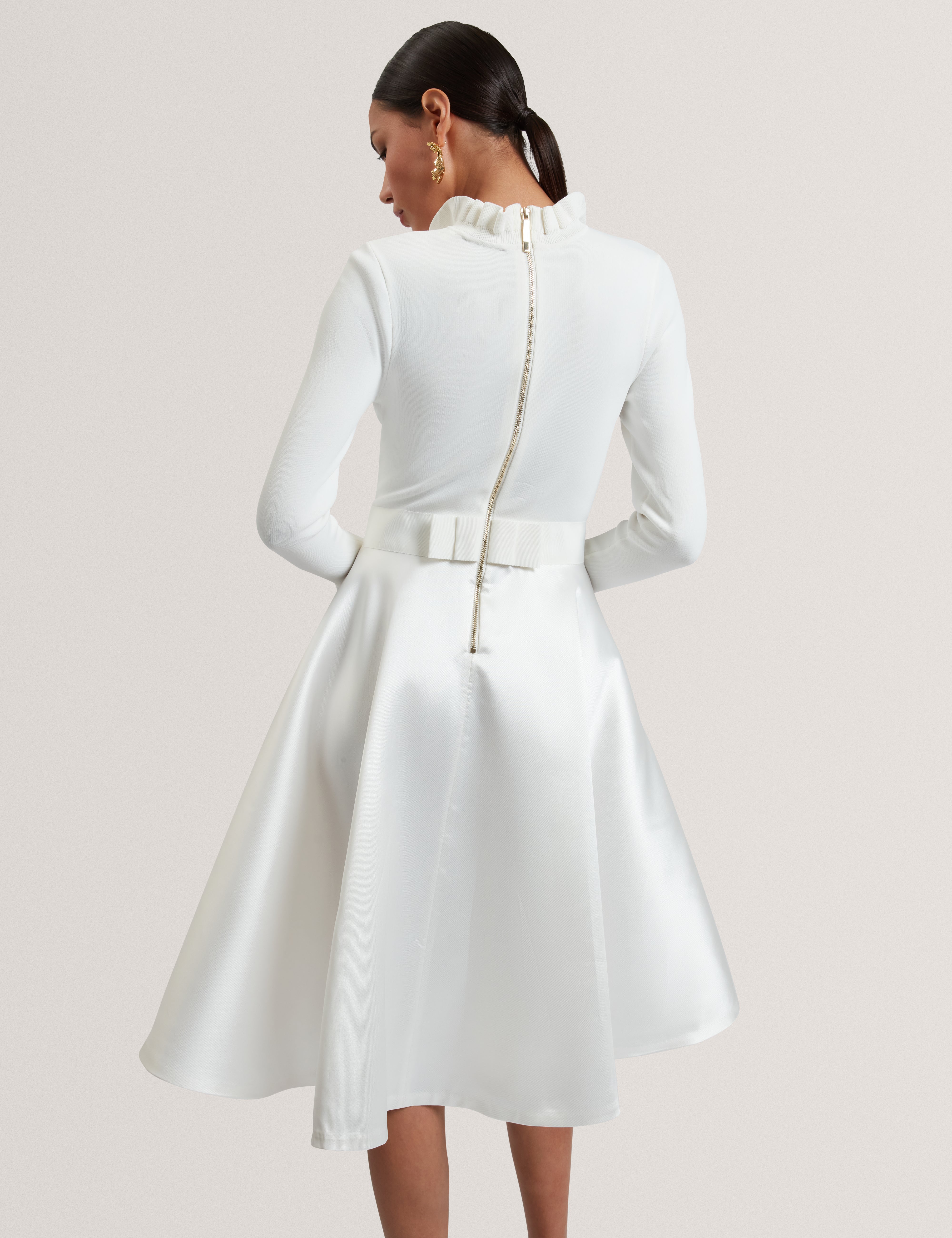 Zadi Knitted Frill Full Skirt Dress Ivory