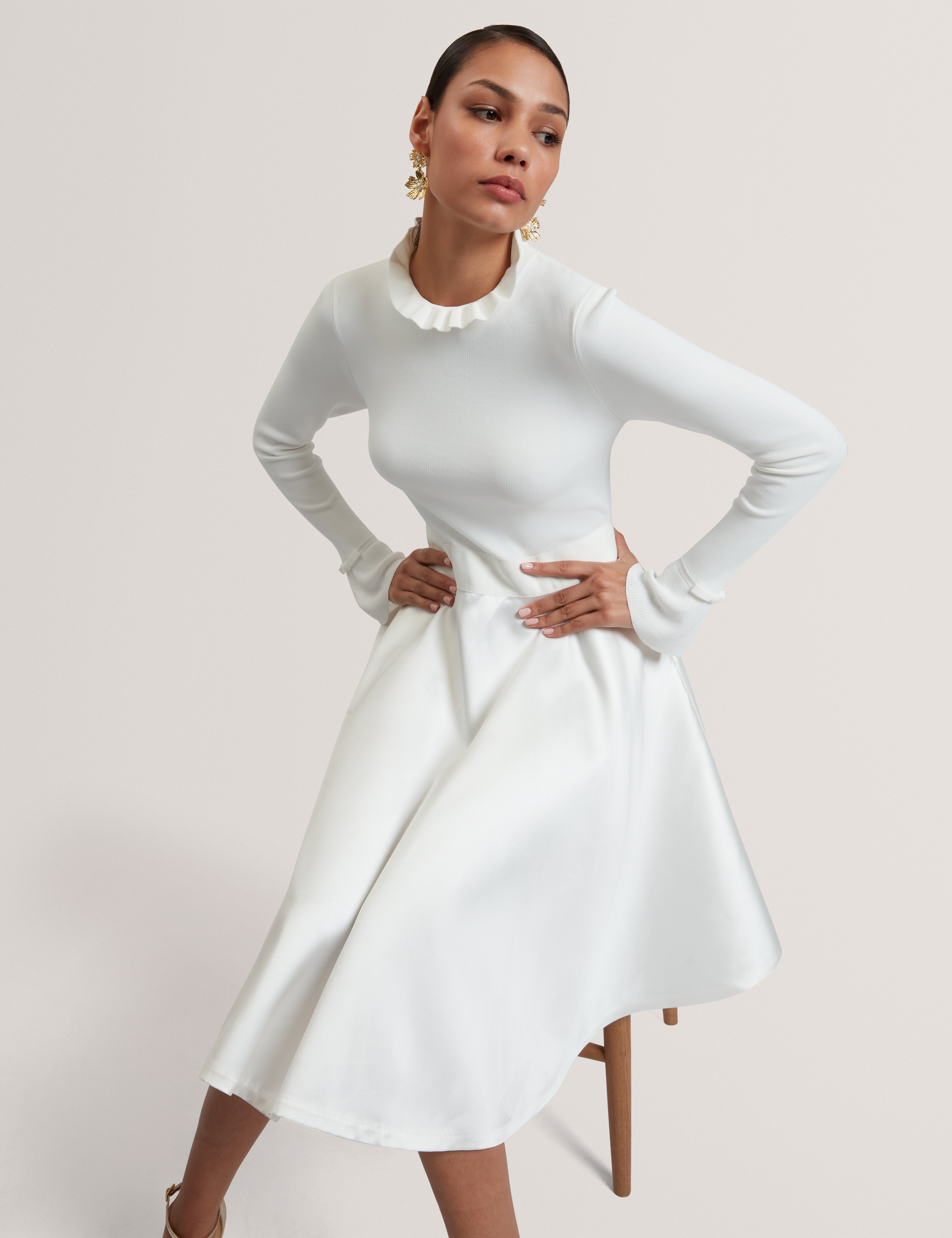 Zadi Knitted Frill Full Skirt Dress Ivory