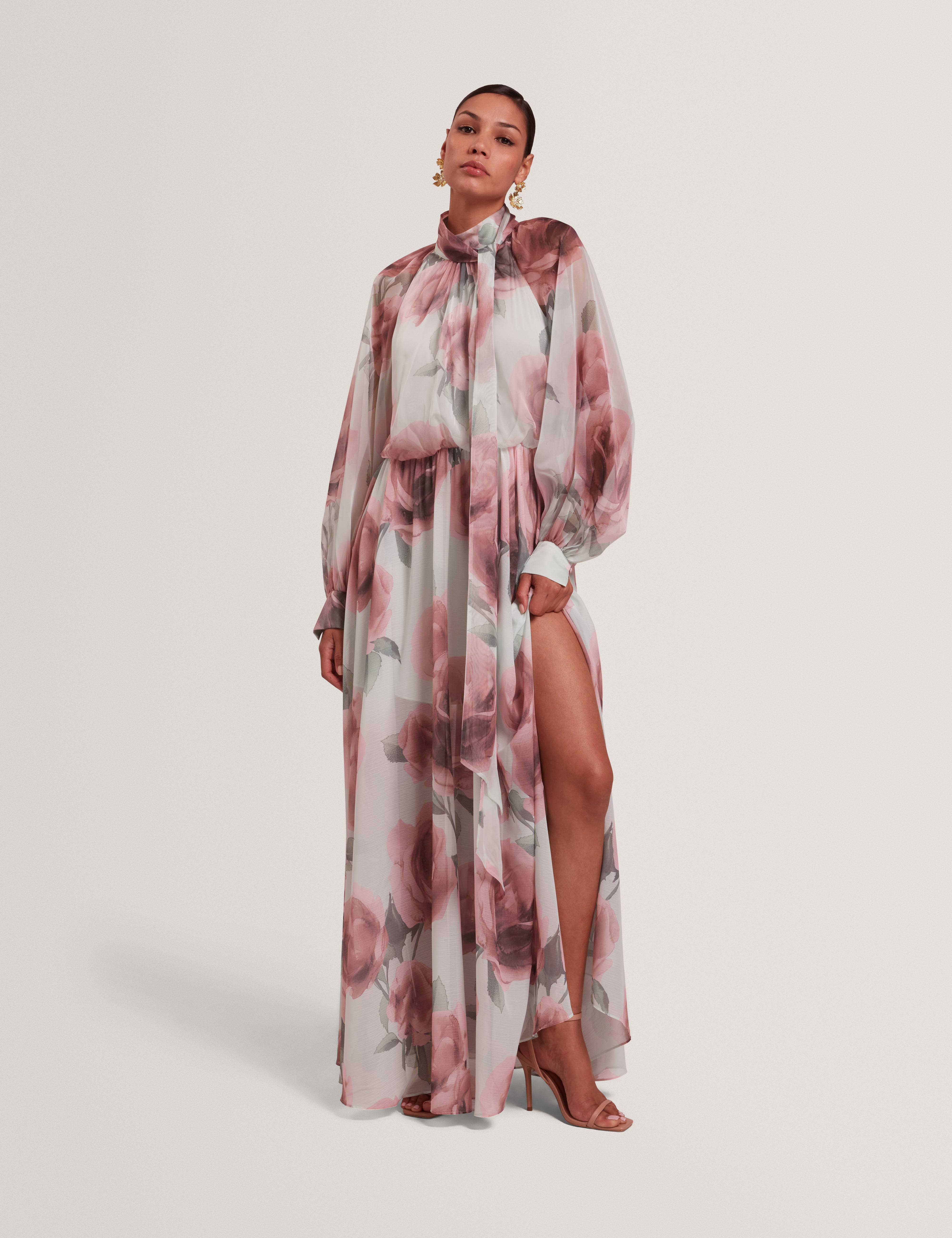 Rowie Tie Detail Long Sleeve Floral Maxi Dress Pl-Green