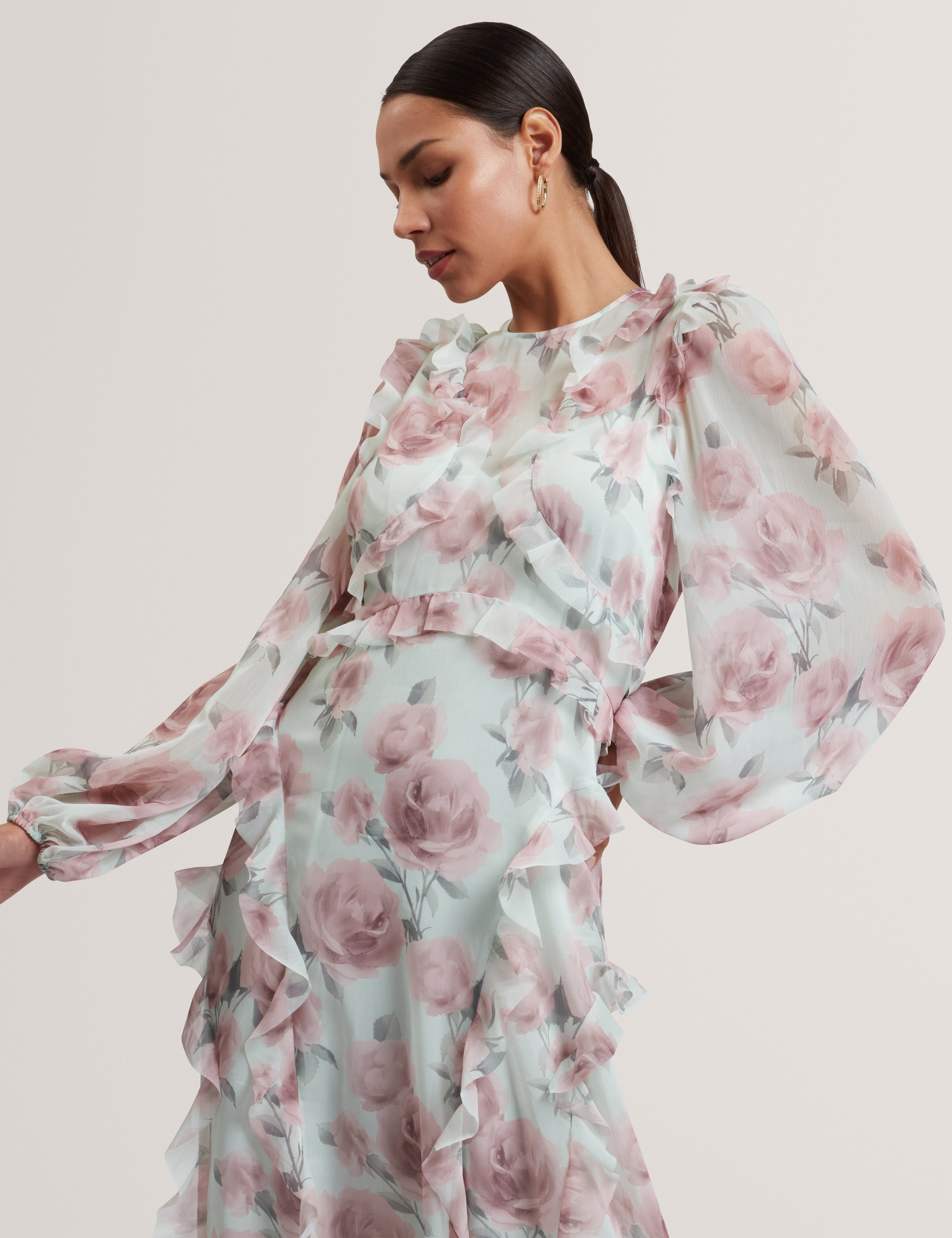 Latiia Long Sleeve Waterfall Ruffle Midi Dress Pl-Green