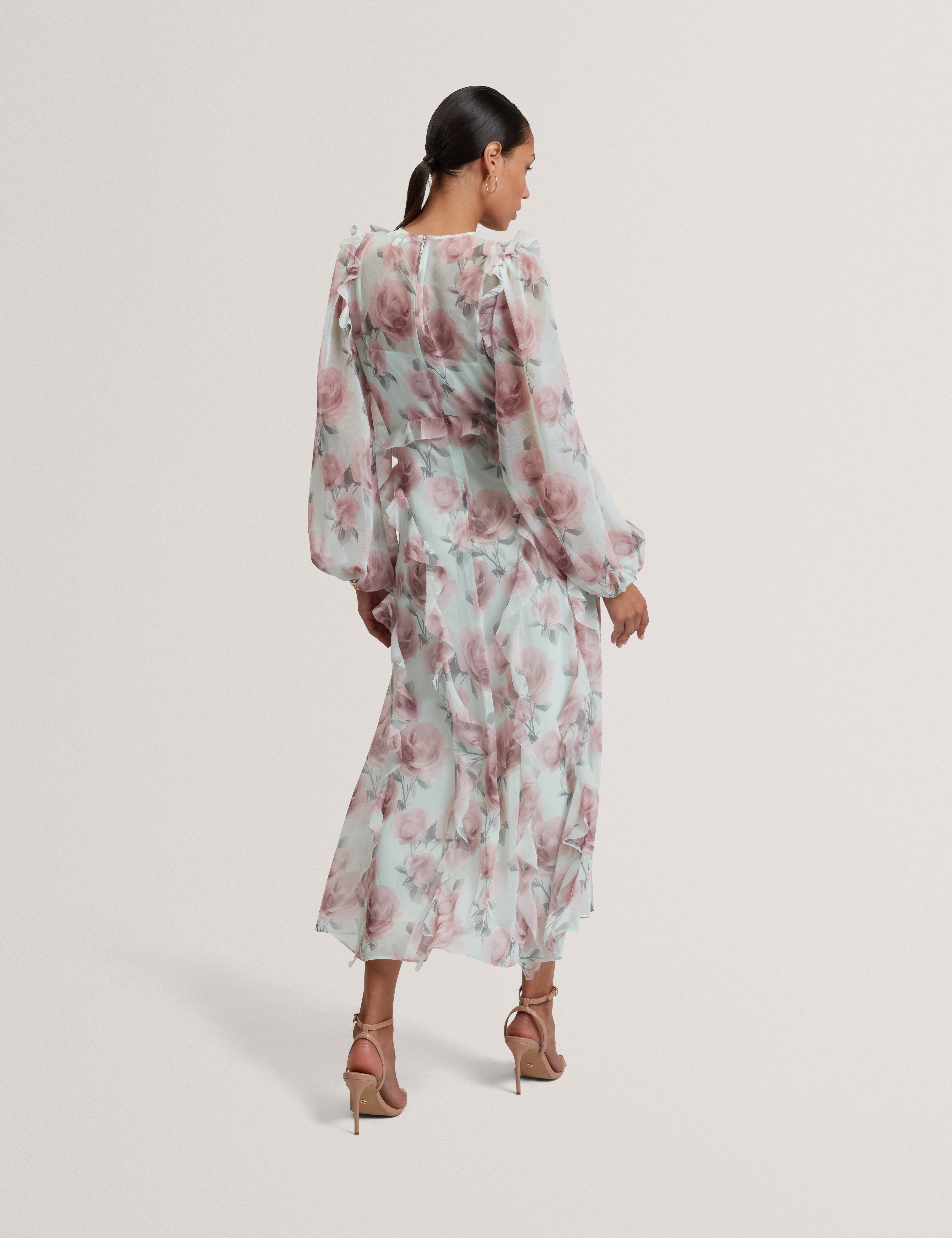 Latiia Long Sleeve Waterfall Ruffle Midi Dress Pl-Green