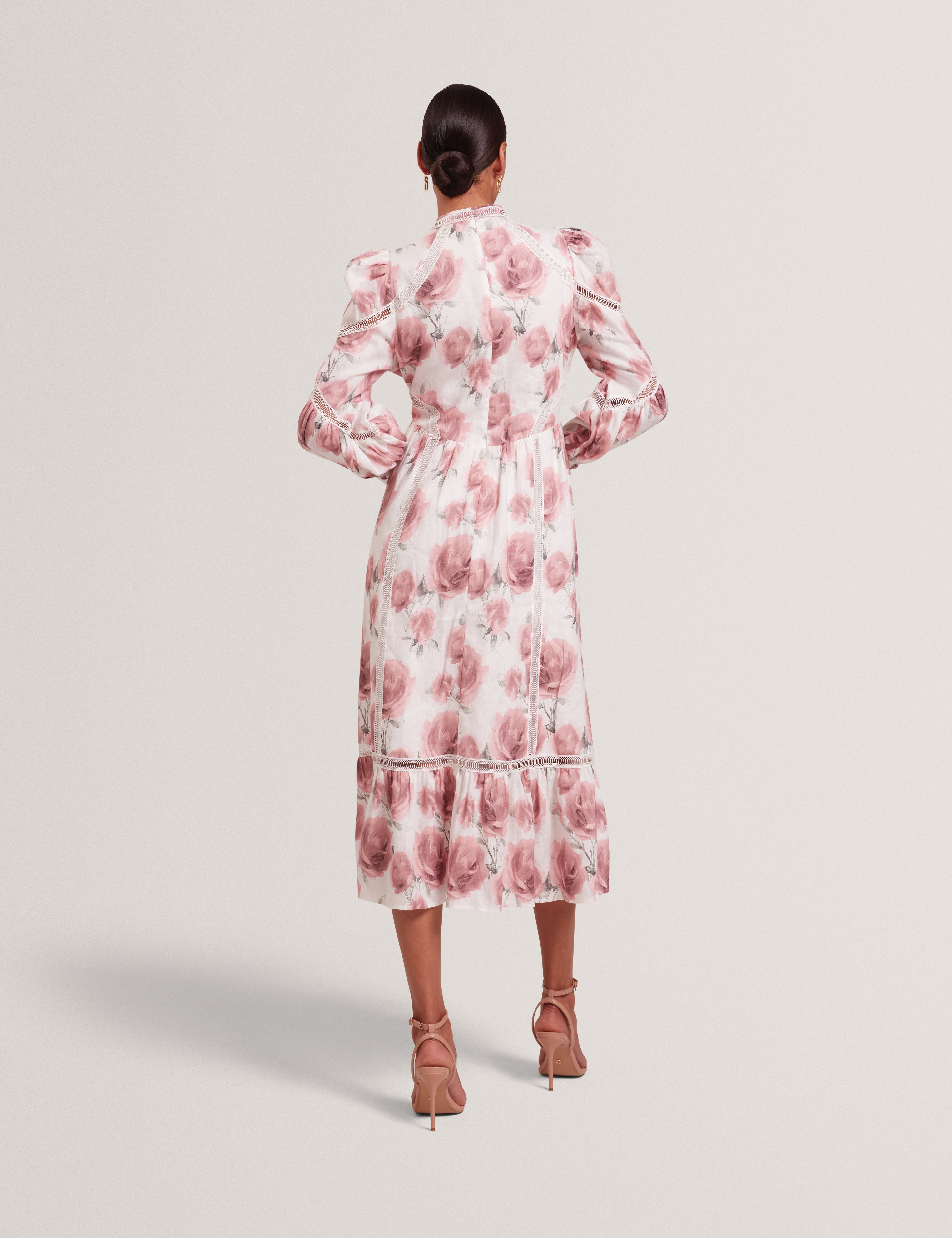 Frilaa Long Sleeve Floral Printed Midi Dress Ivory
