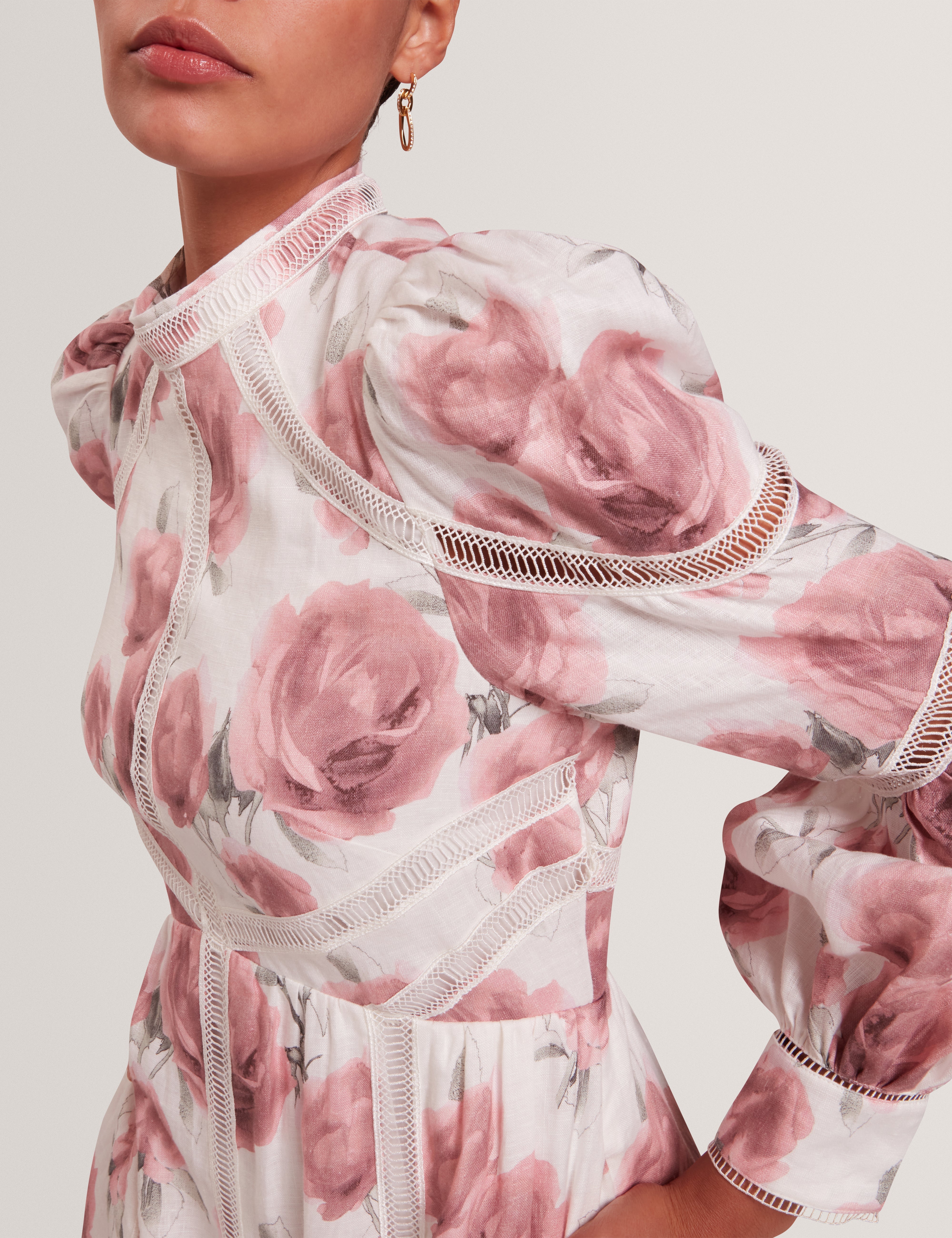 Frilaa Long Sleeve Floral Printed Midi Dress Ivory