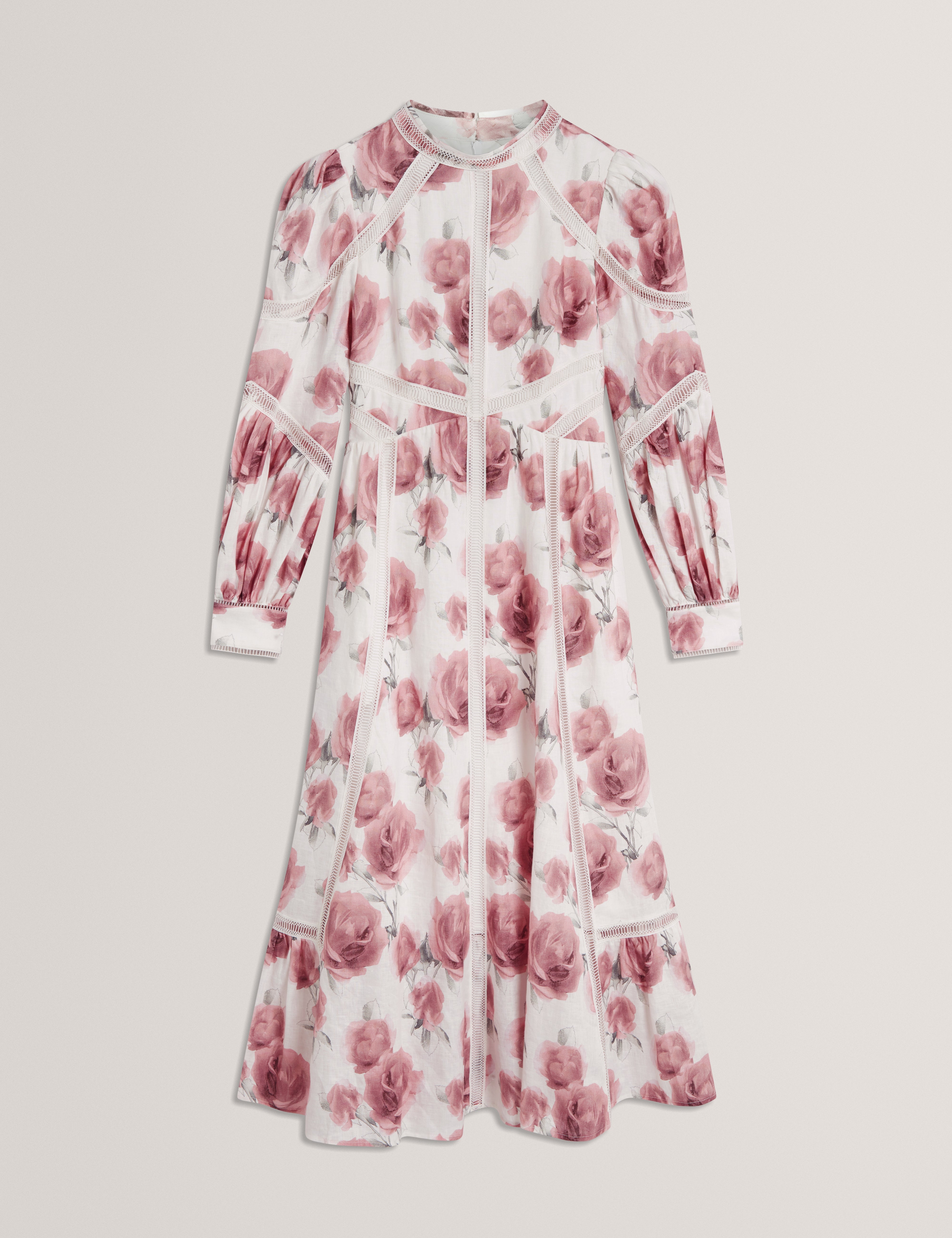 Frilaa Long Sleeve Floral Printed Midi Dress Ivory