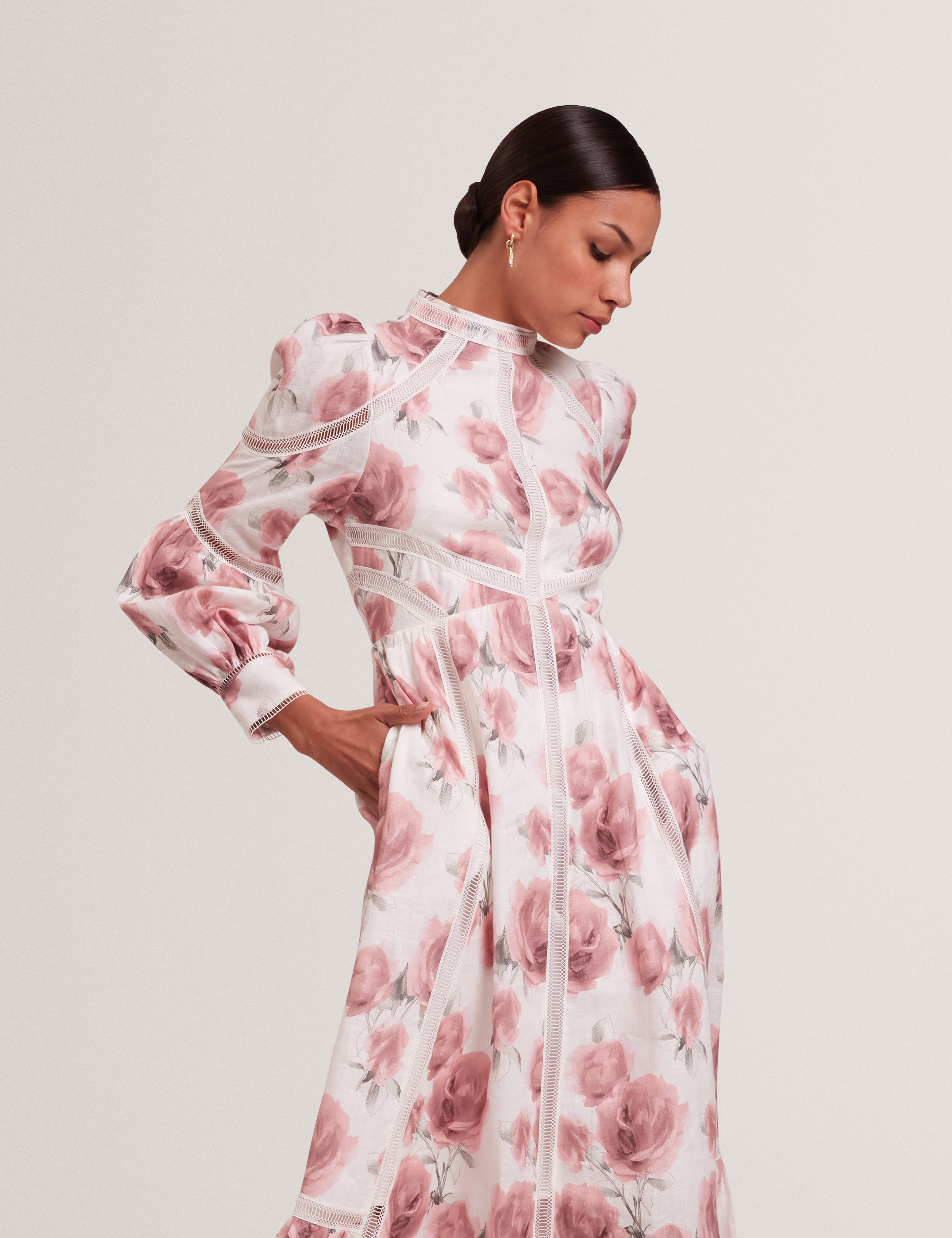 Frilaa Long Sleeve Floral Printed Midi Dress Ivory