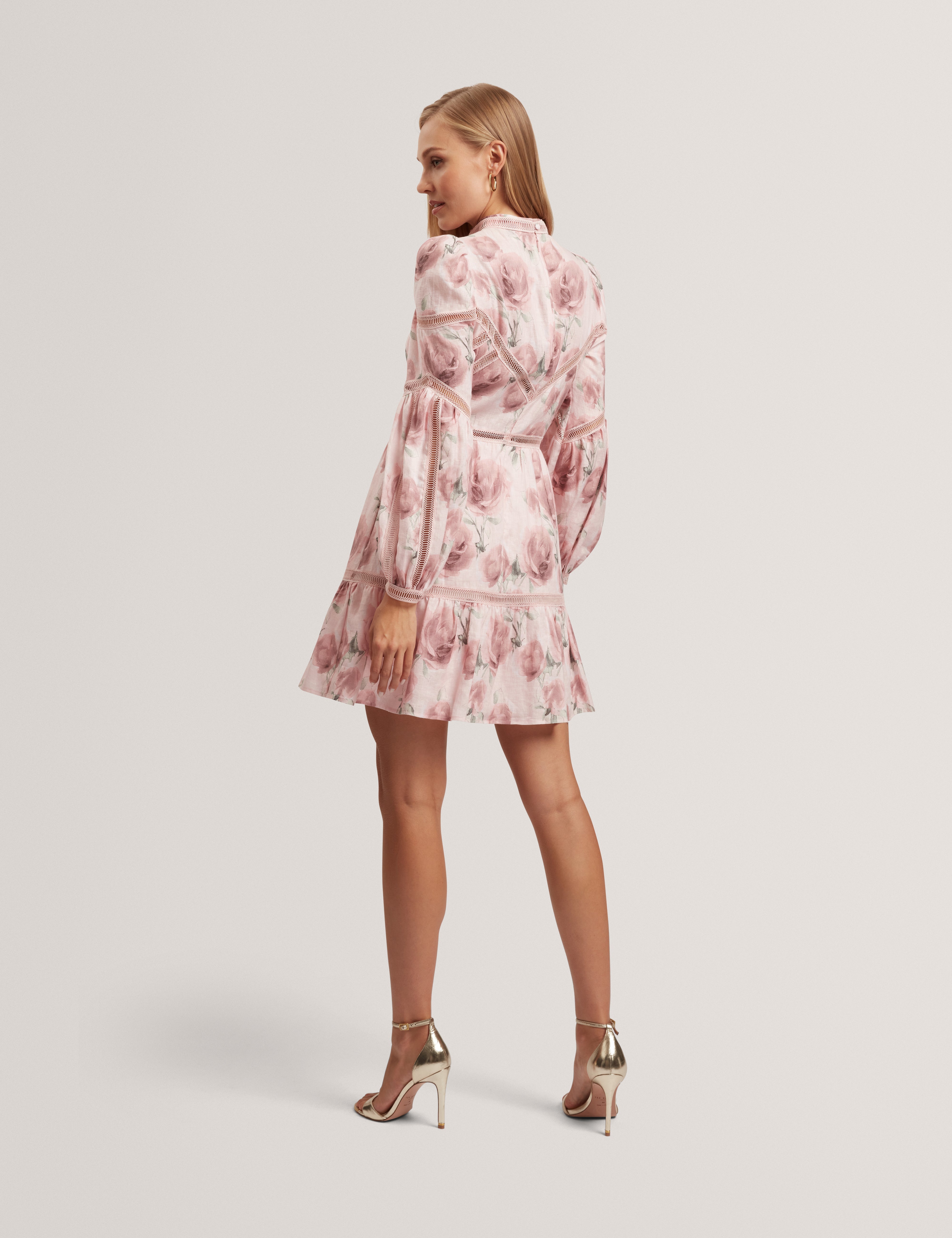 Rolaa Long Sleeve Floral Printed Mini Dress Pink