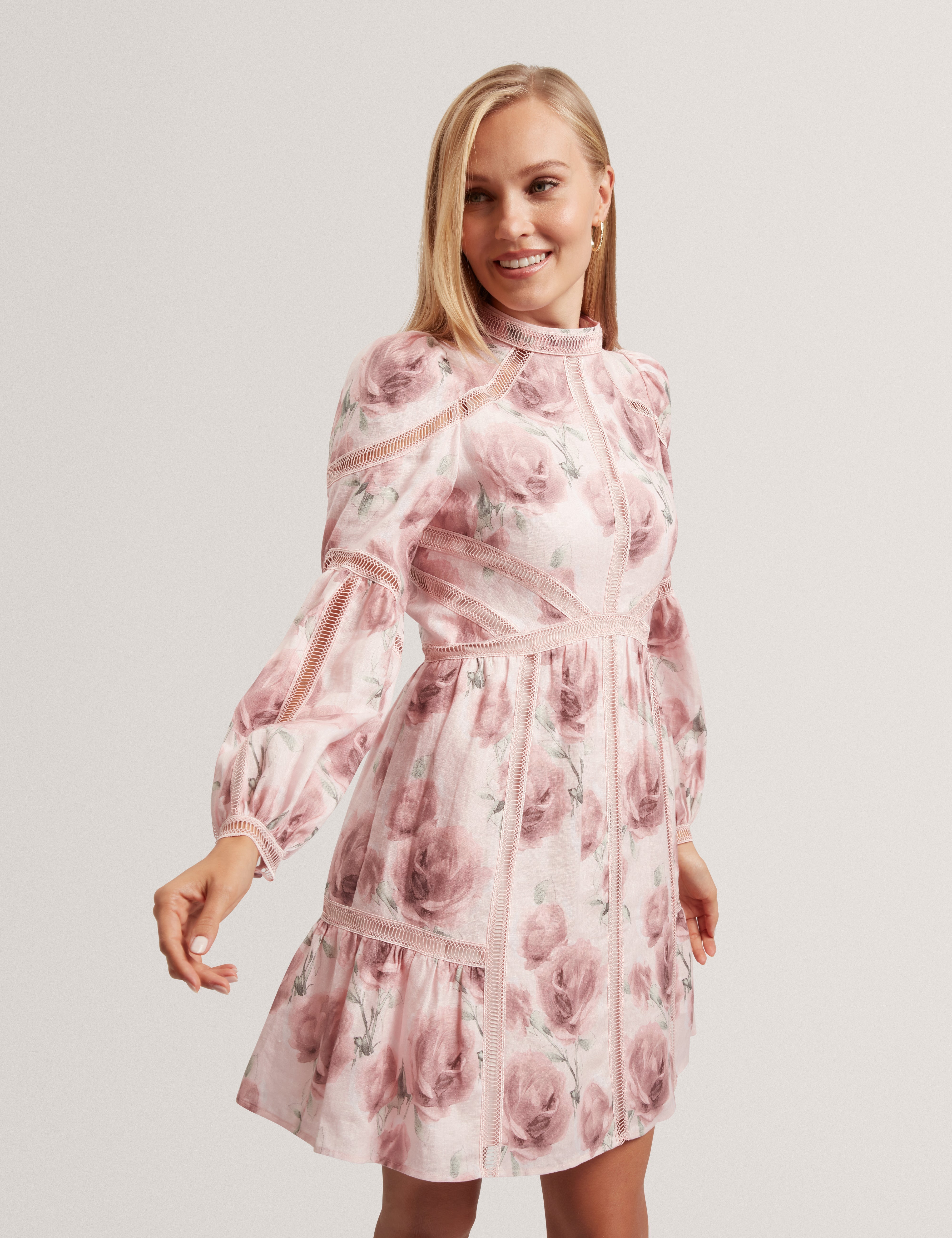 Rolaa Long Sleeve Floral Printed Mini Dress Pink