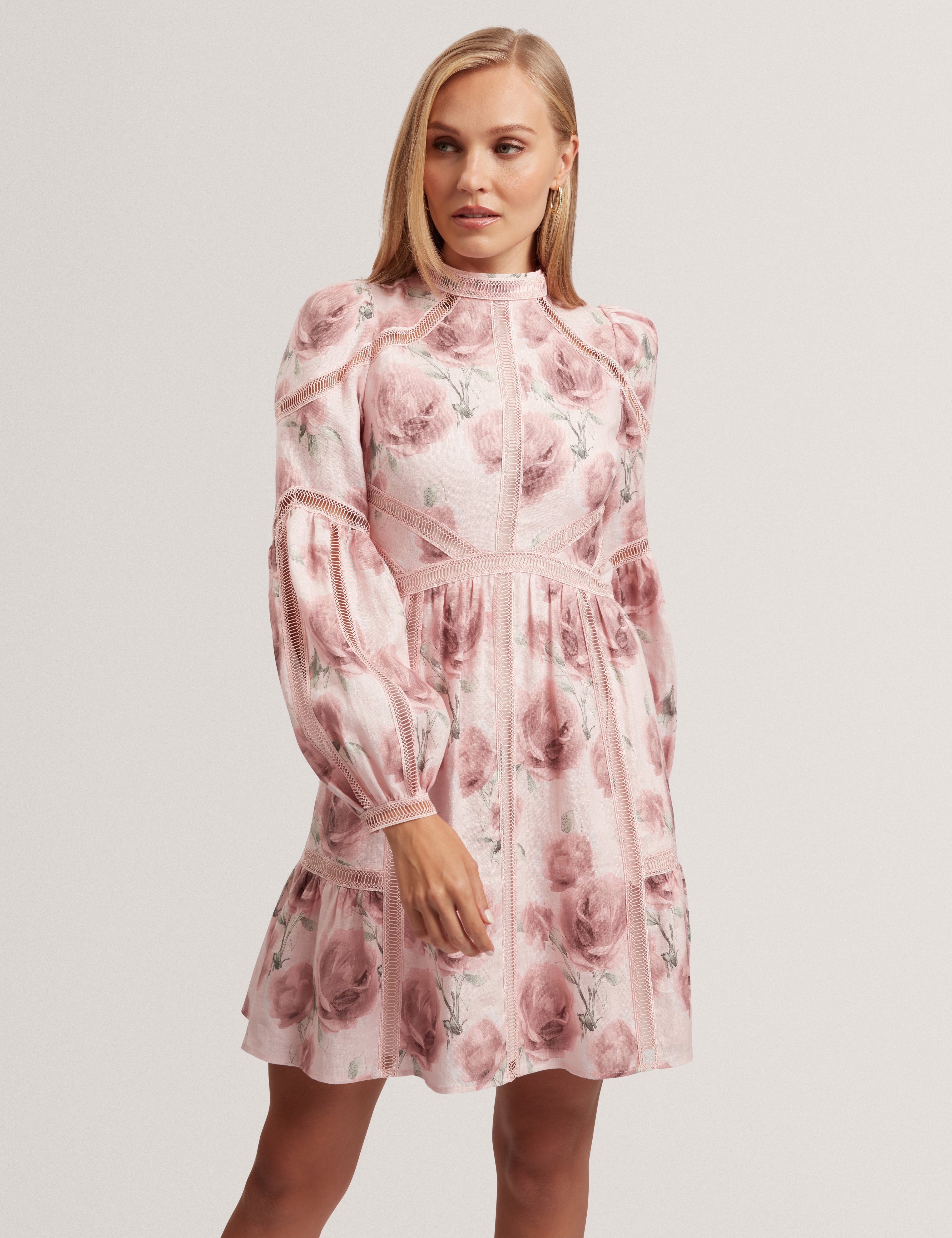 Rolaa Long Sleeve Floral Printed Mini Dress Pink