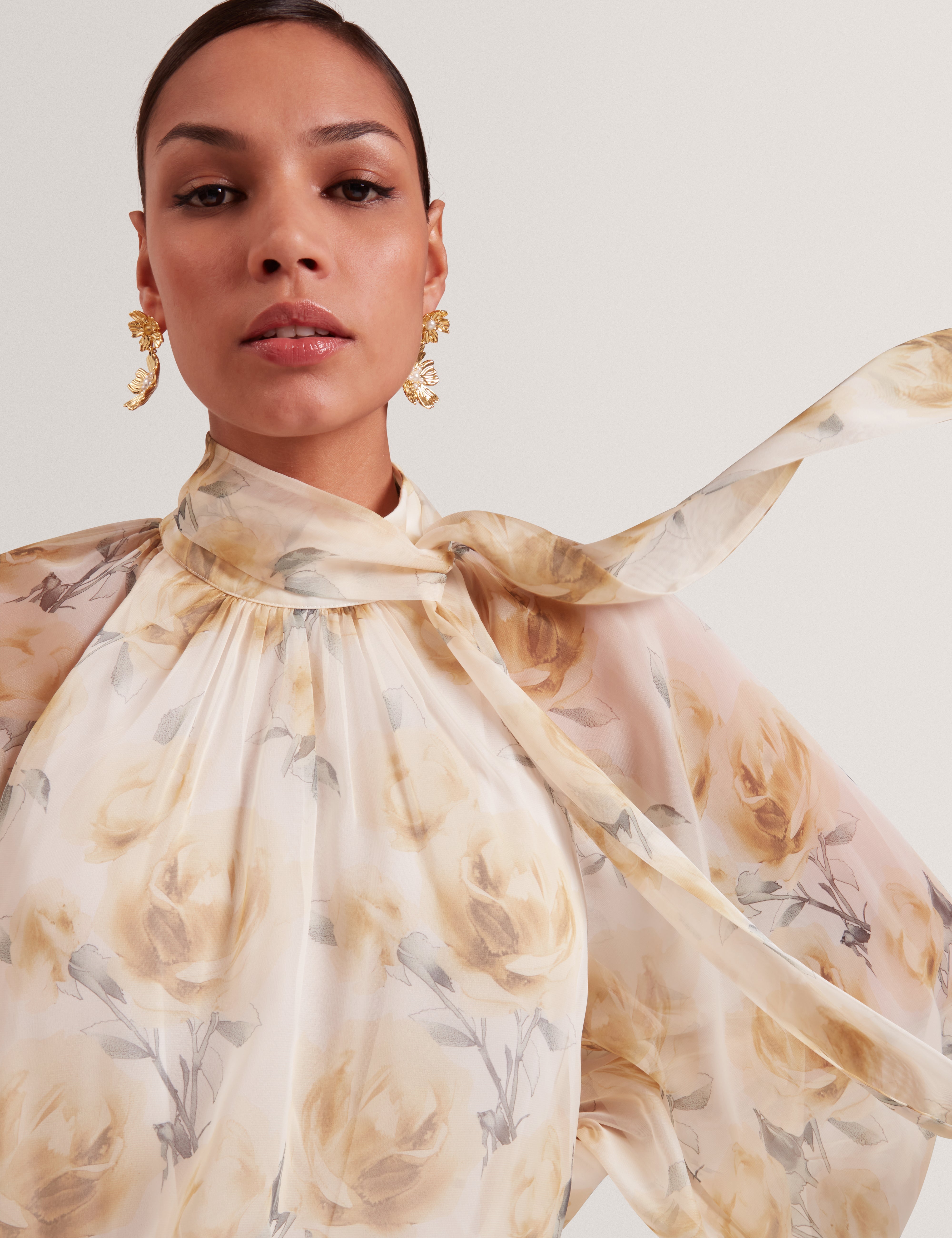 Patsie Tie Detail Long Sleeve Floral Maxi Dress Ivory