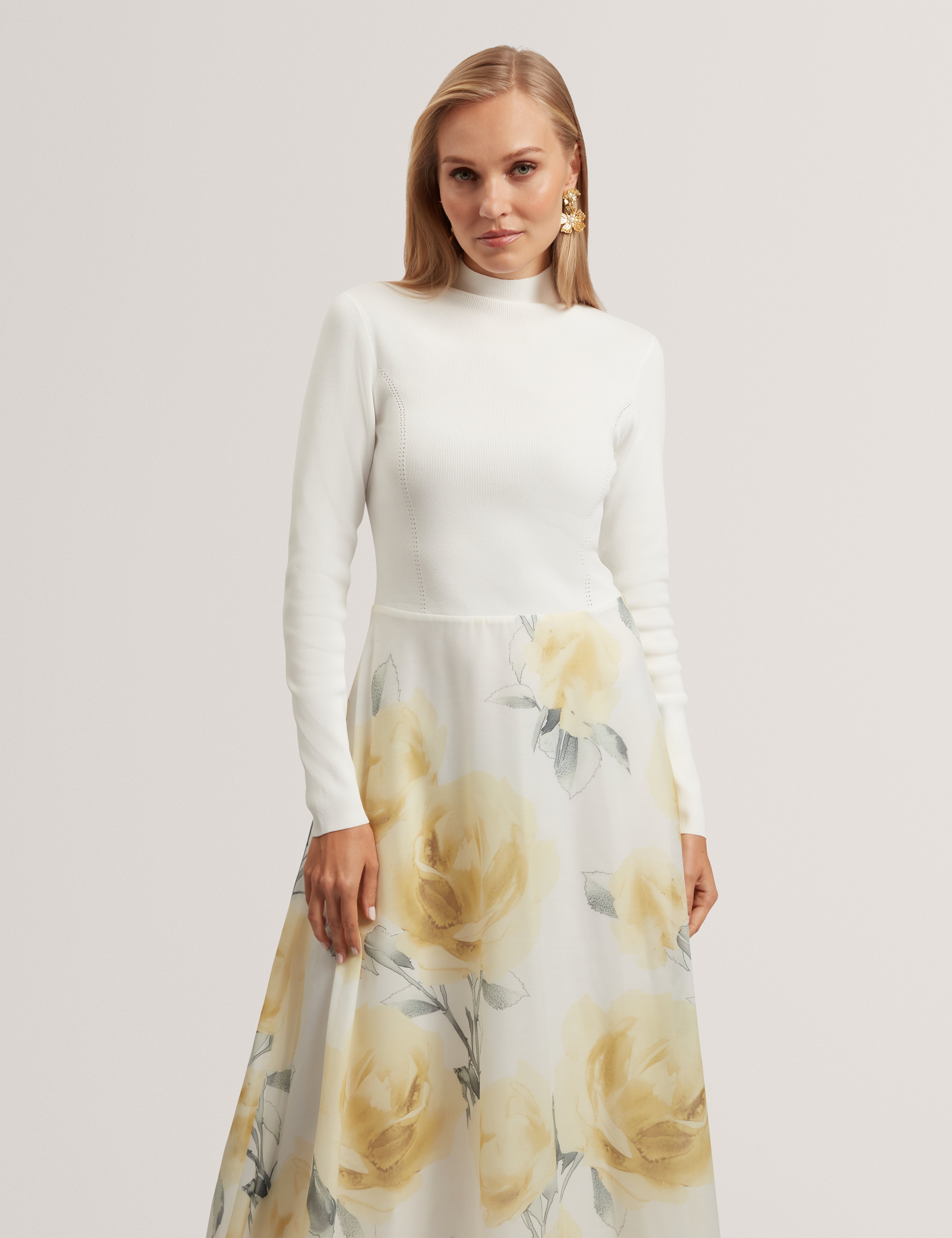 Allila Midi Dress With Organza Printed Skirt Ivory