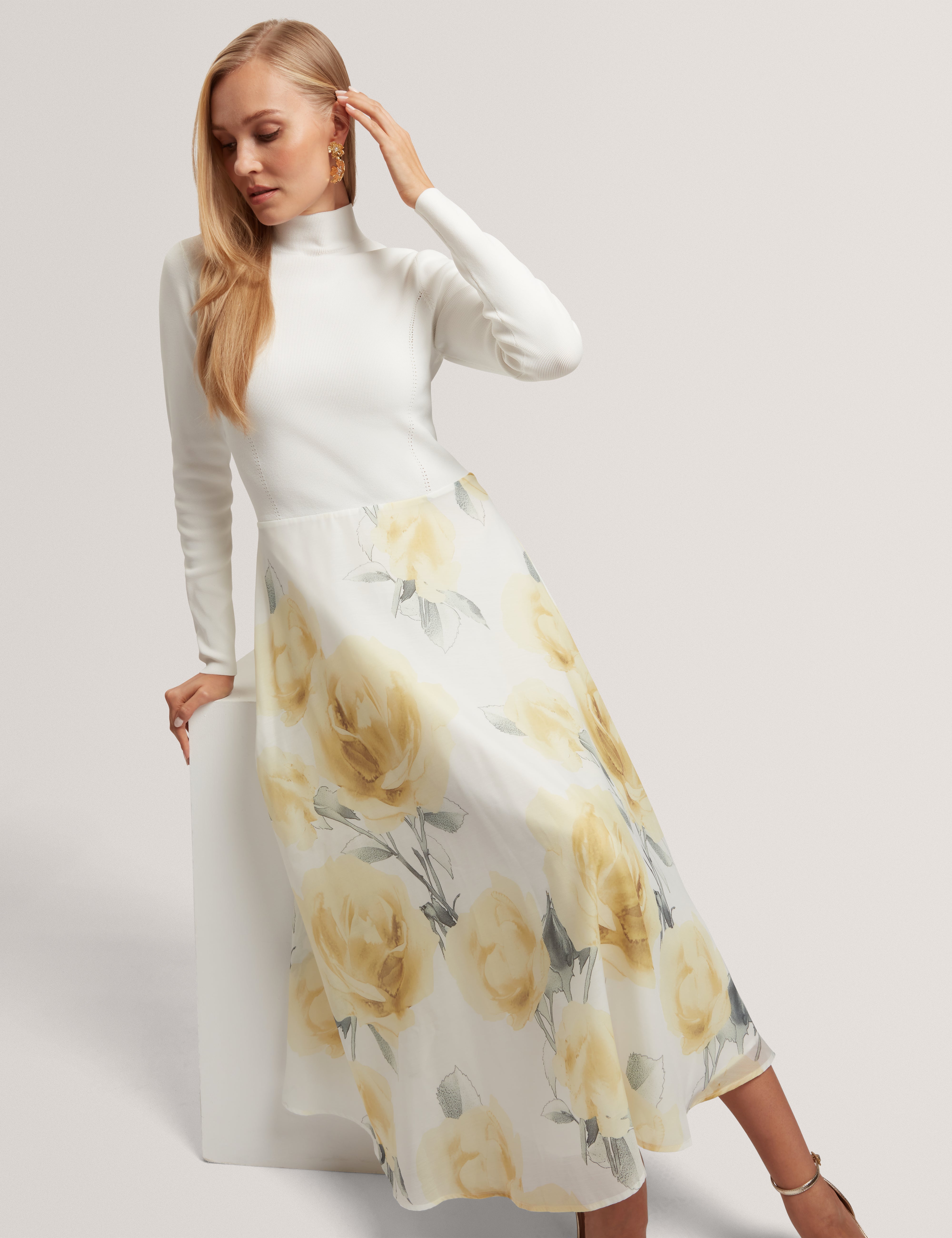 Allila Midi Dress With Organza Printed Skirt Ivory