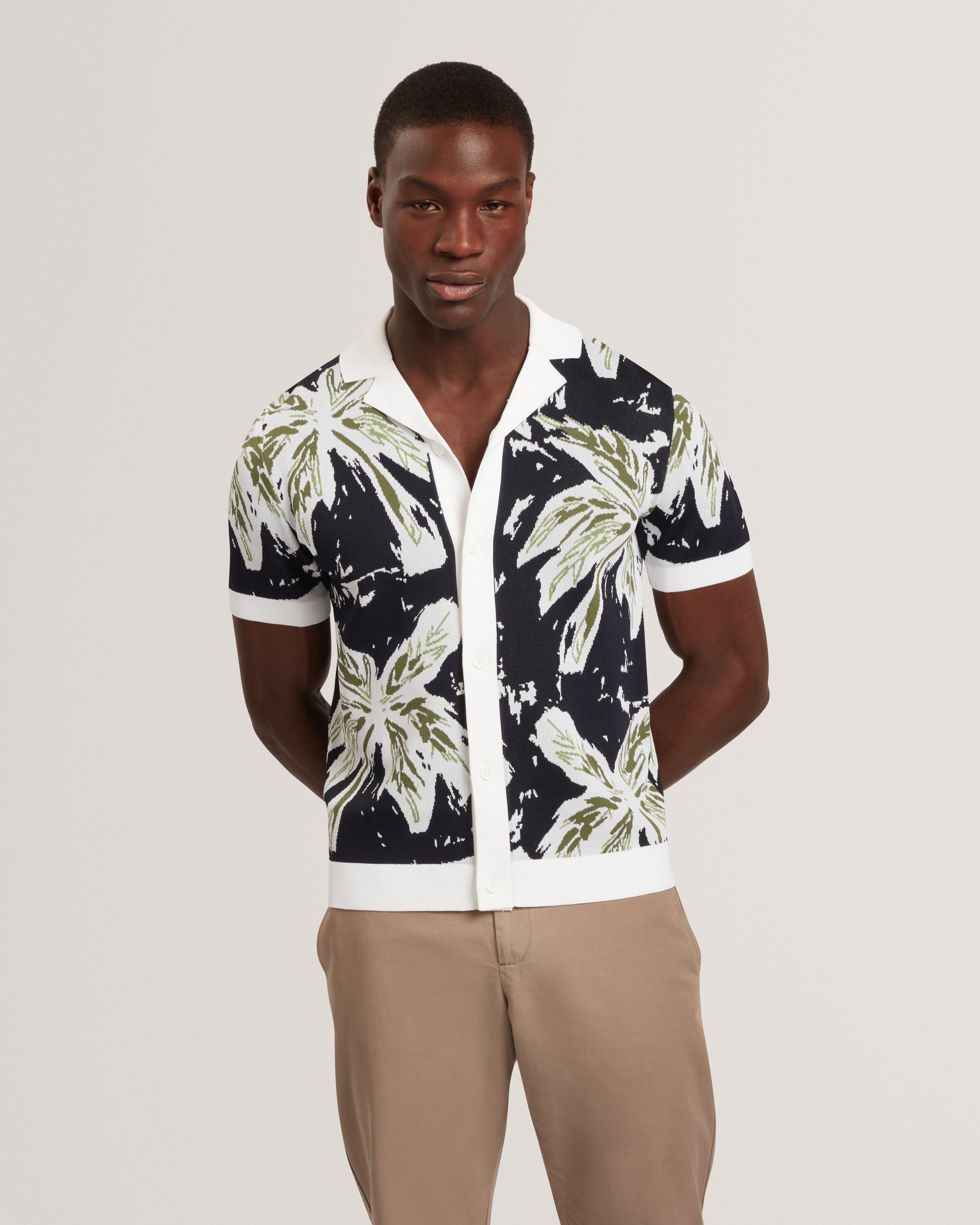 Kyes Short Sleeve Knitted Leaf Shirt Navy