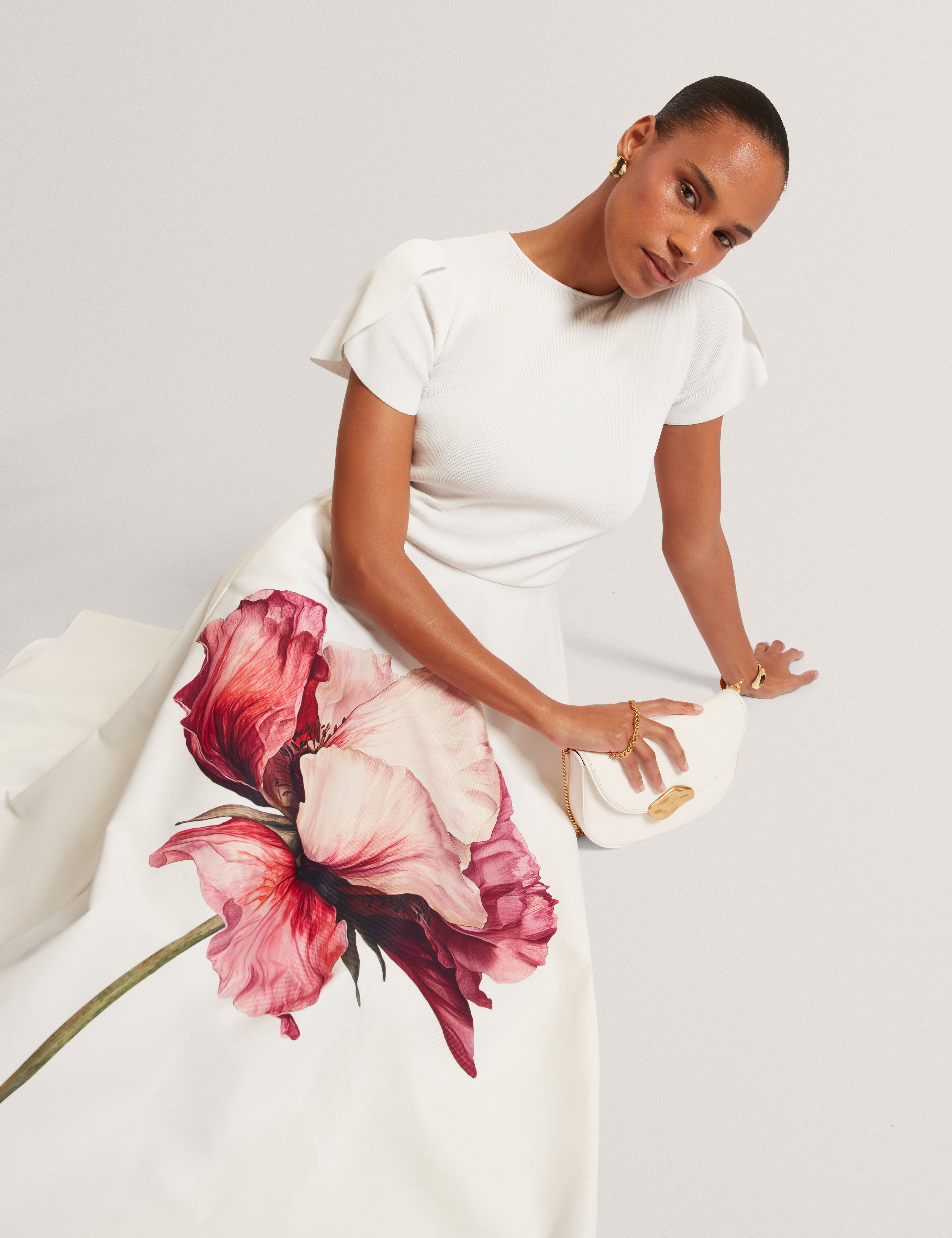 Crisant Printed Tulip Sleeve Mockable Dress Ivory