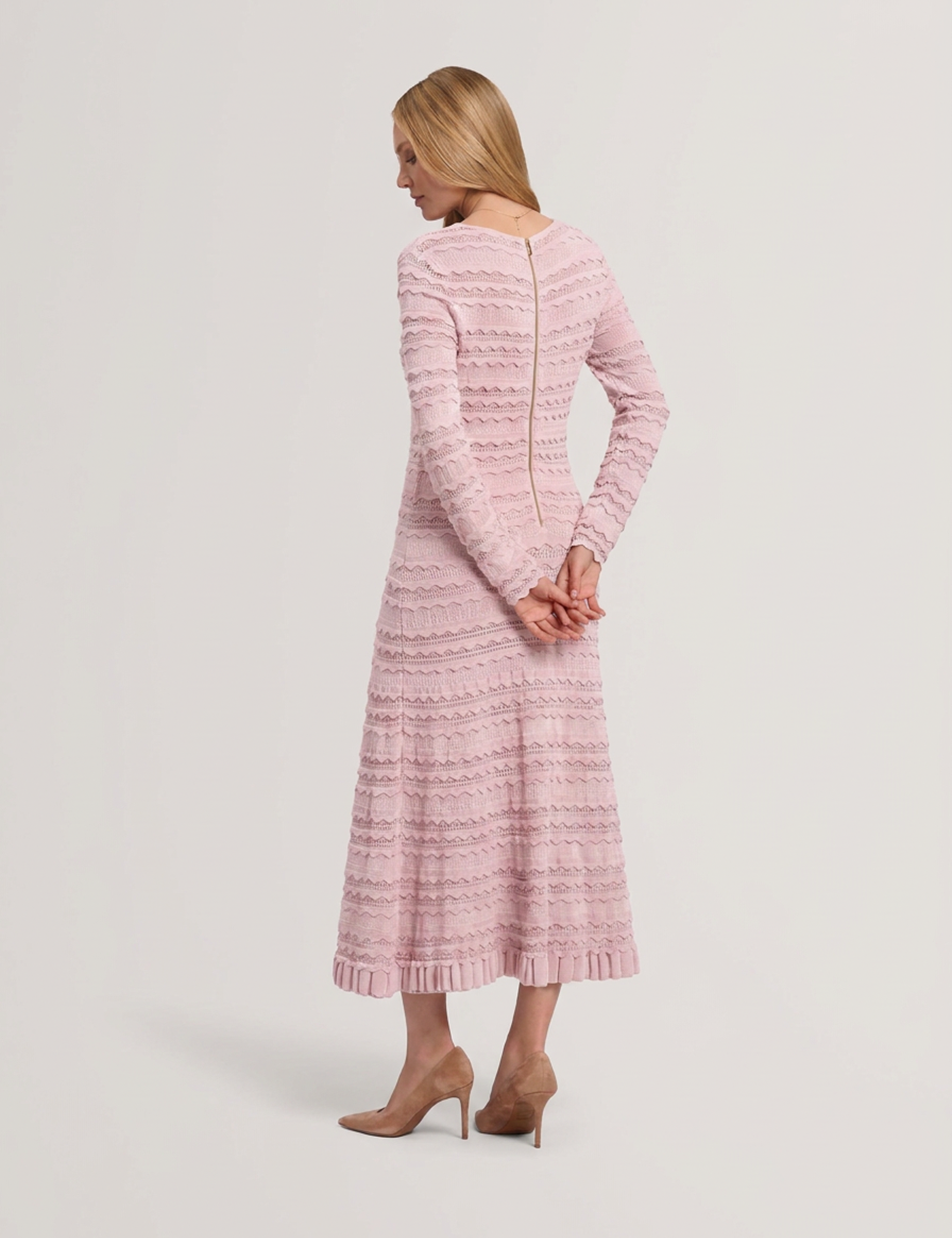 Kaseya Long Sleeve Knitted Midi Dress Pl-Pink