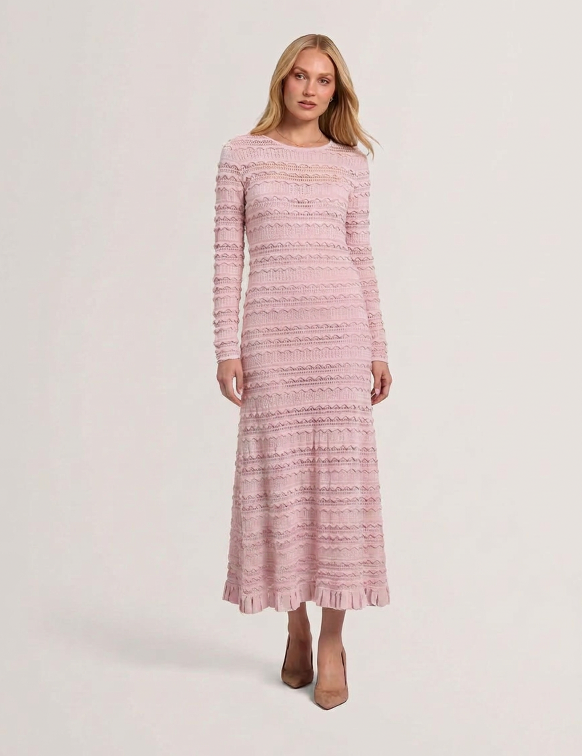 Kaseya Long Sleeve Knitted Midi Dress Pl-Pink