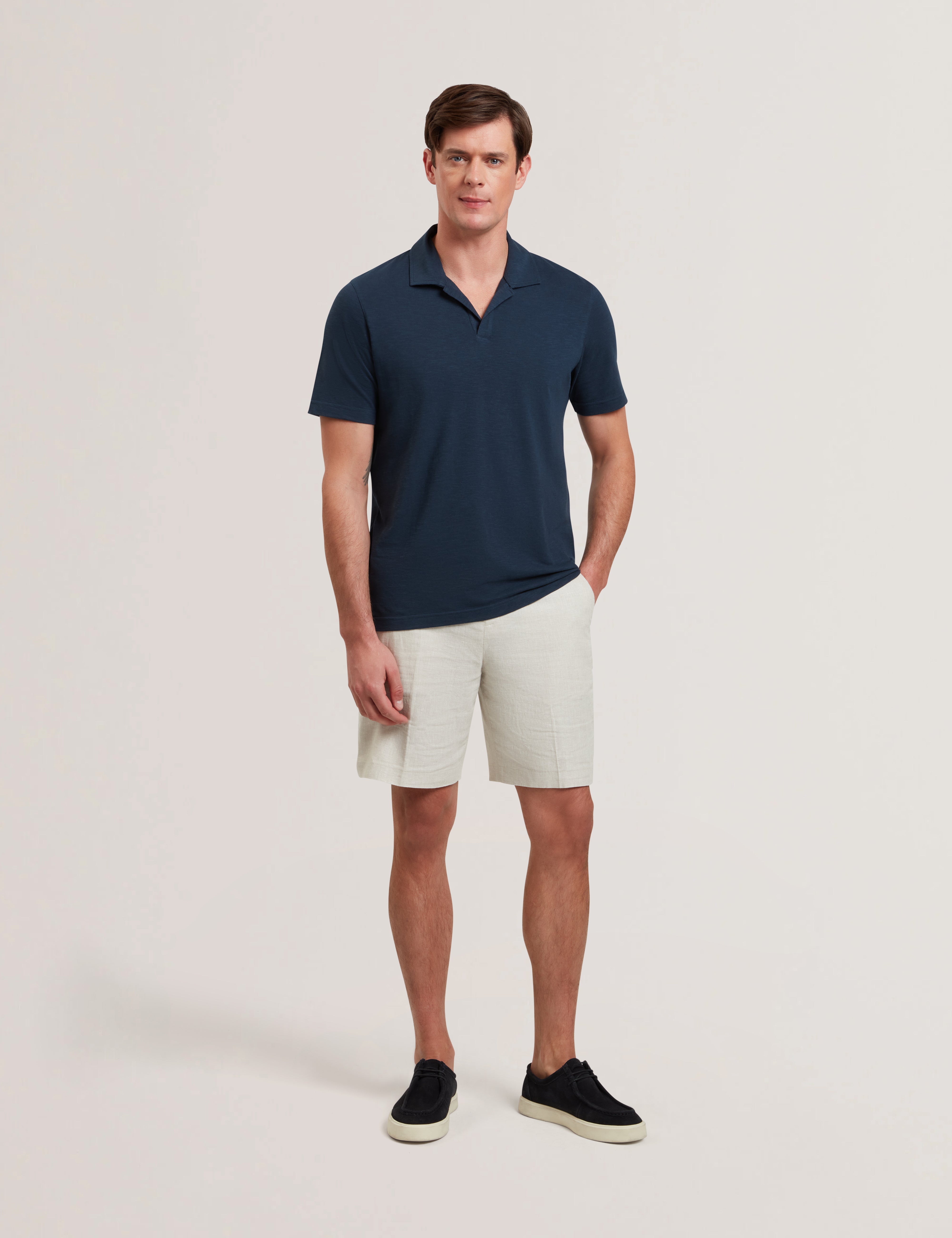 Anito Short Sleeve Cotton Linen Open Neck Polo Shirt Navy