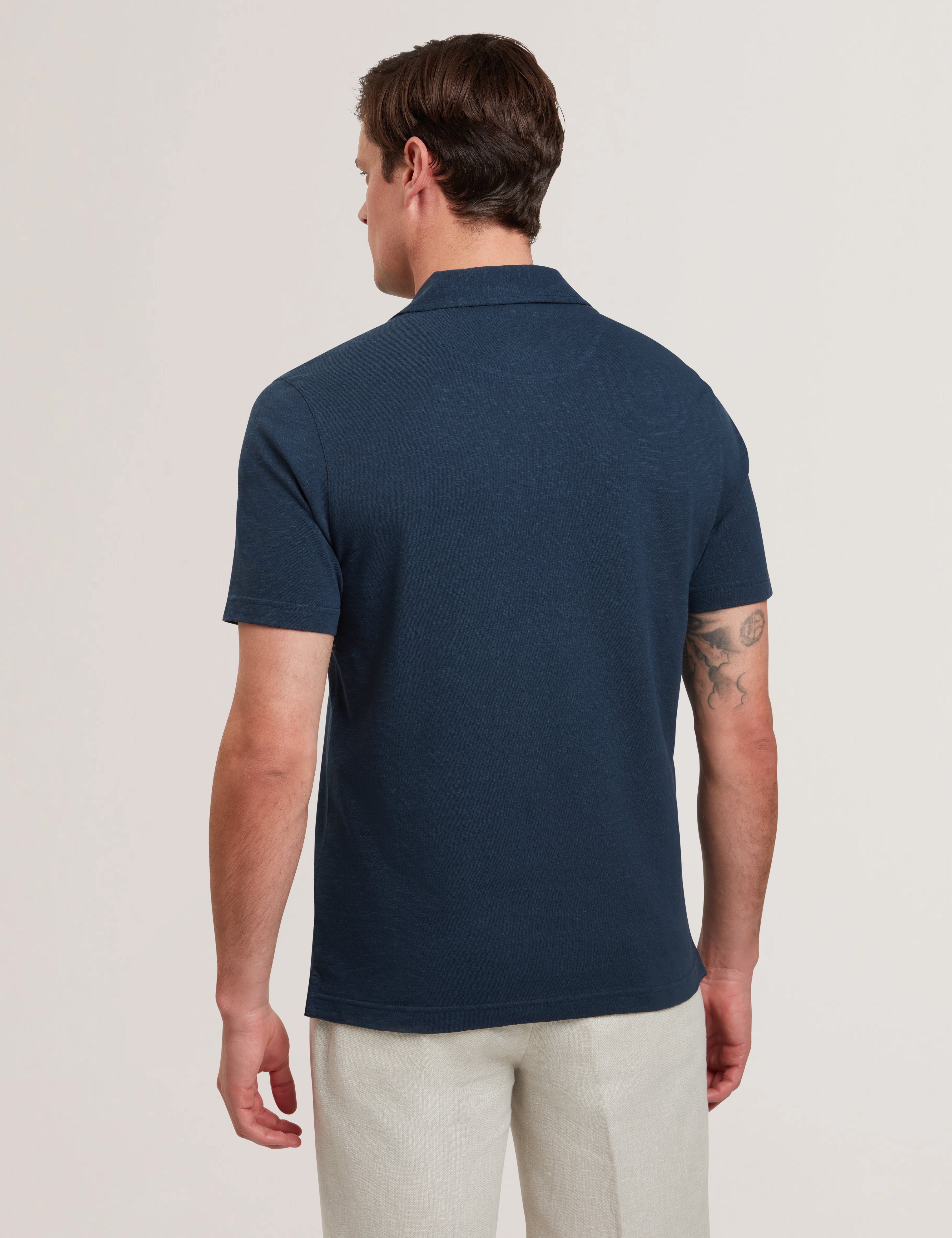 Anito Short Sleeve Cotton Linen Open Neck Polo Shirt Navy