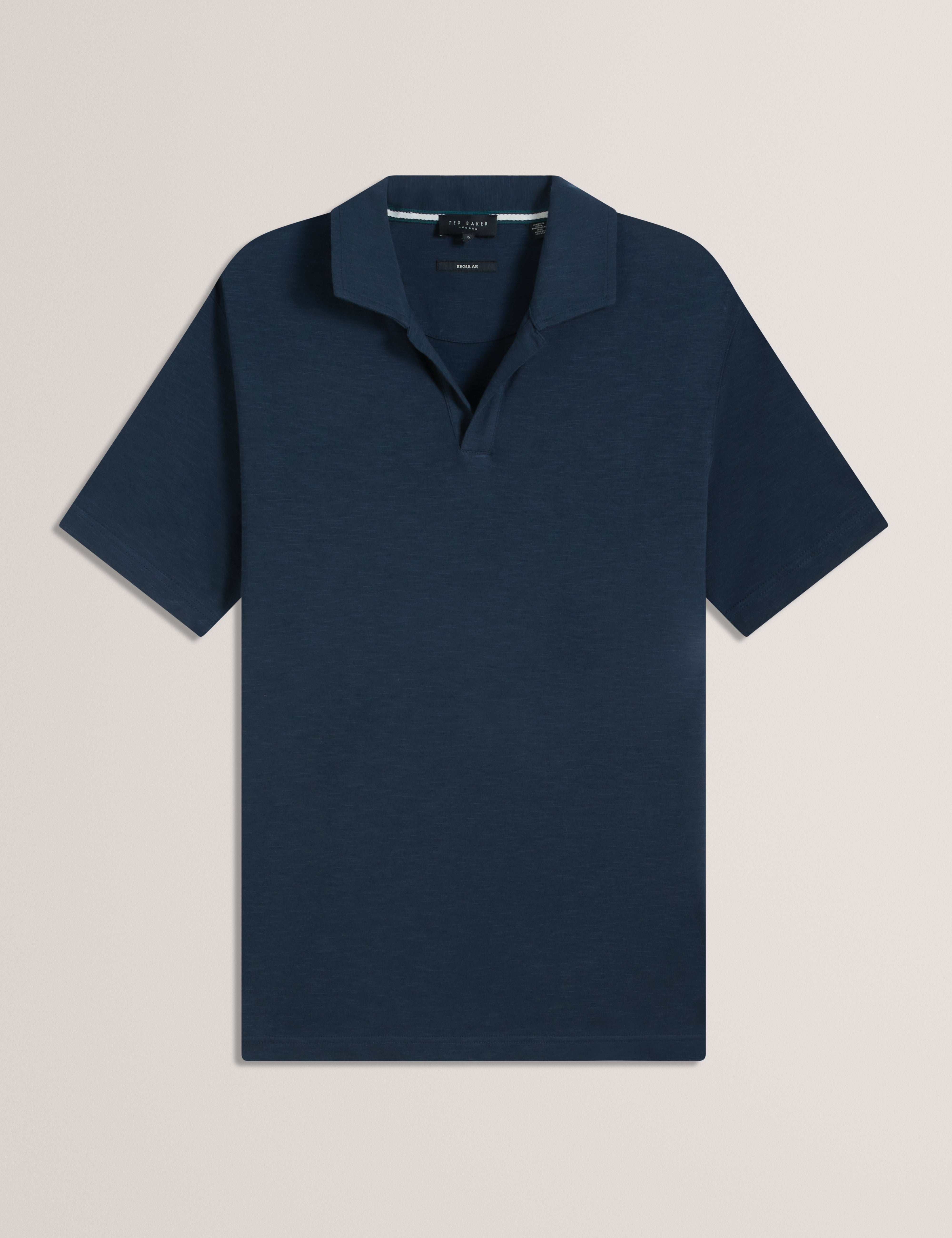 Anito Short Sleeve Cotton Linen Open Neck Polo Shirt Navy