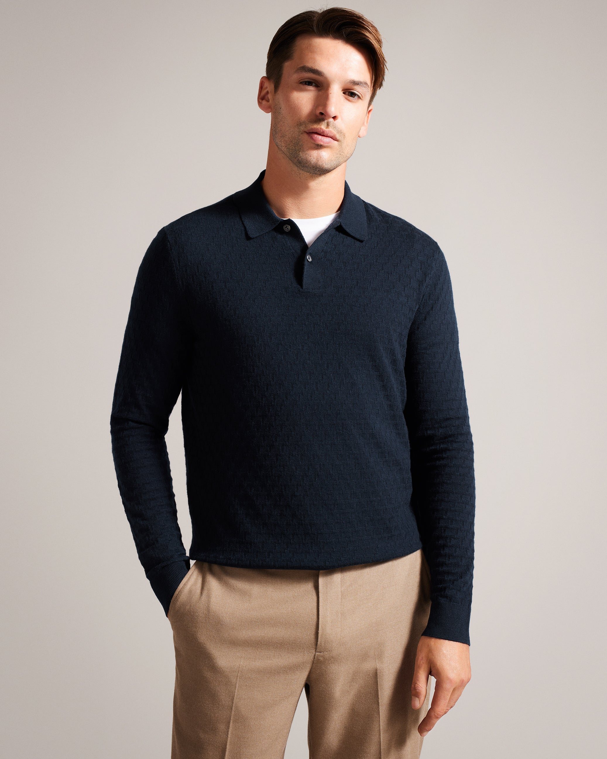 Morar Long Sleeve T Stitch Knitted Polo Navy