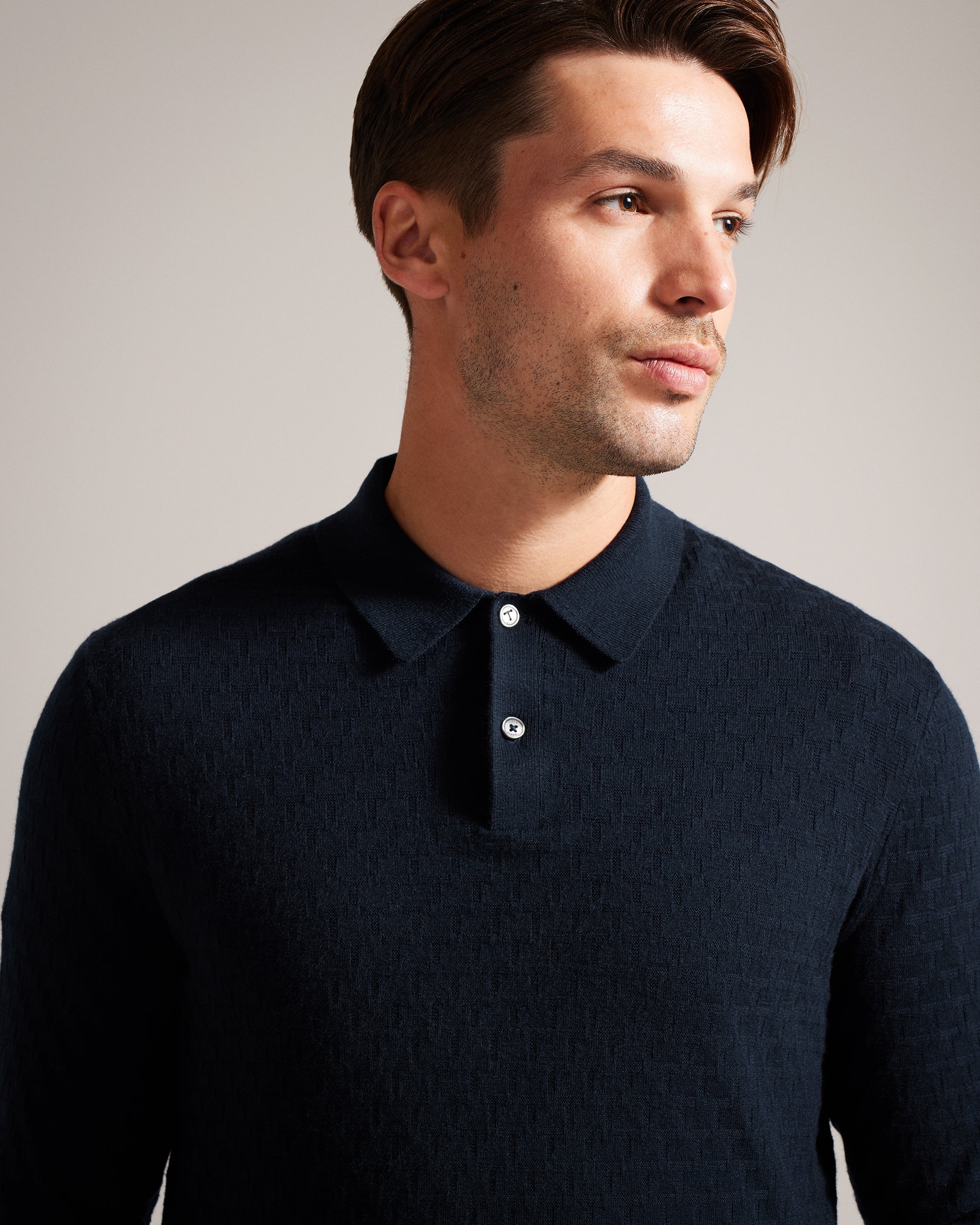 Morar Long Sleeve T Stitch Knitted Polo Navy