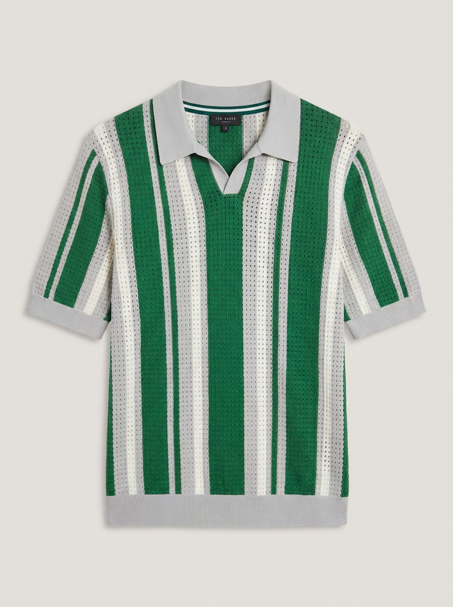 Ealings Short Sleeve Open Neck Pointelle Stripe Polo Khaki