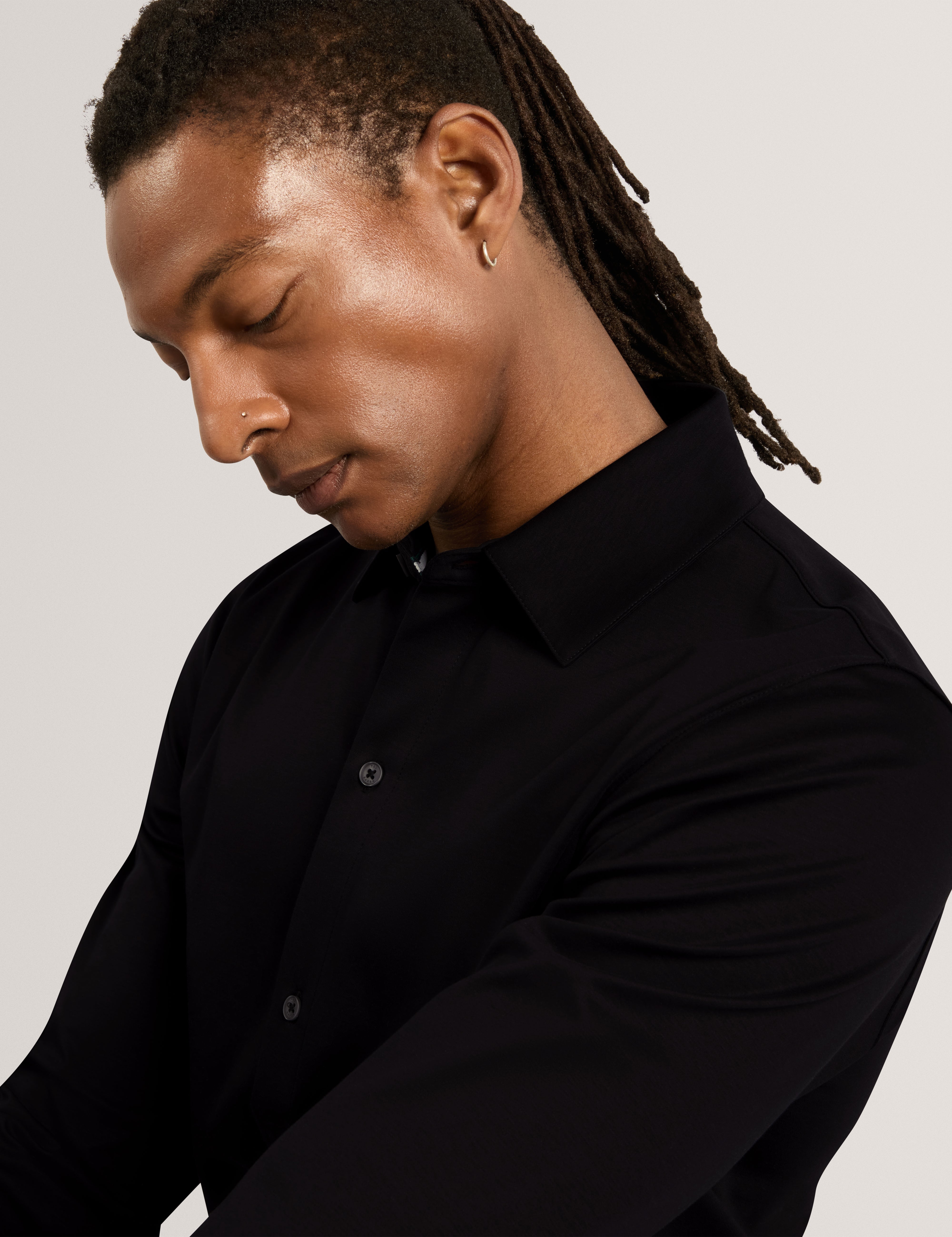 Quillon Long Sleeve Regular Soft Touch Button T-Shirt Black