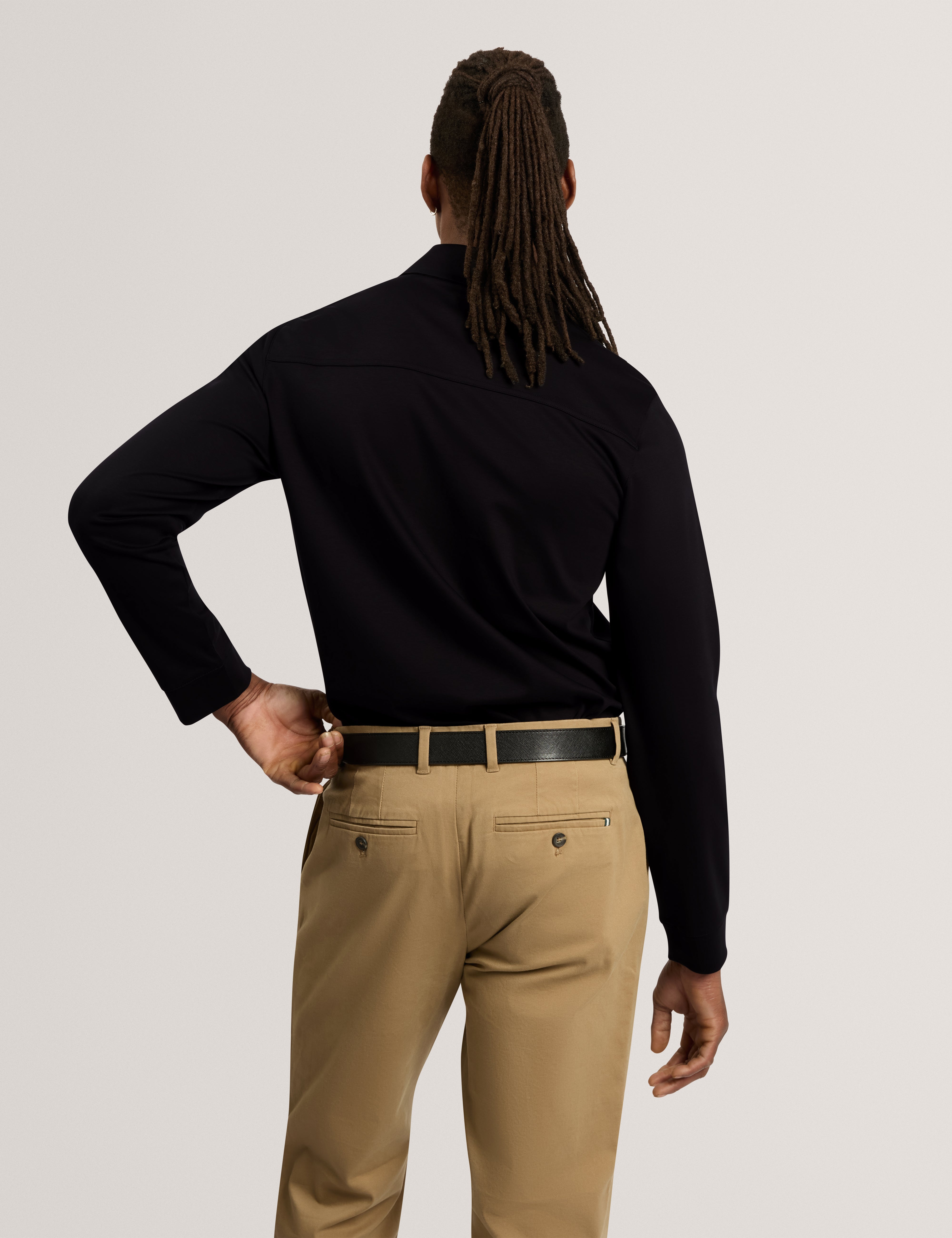 Quillon Long Sleeve Regular Soft Touch Button T-Shirt Black