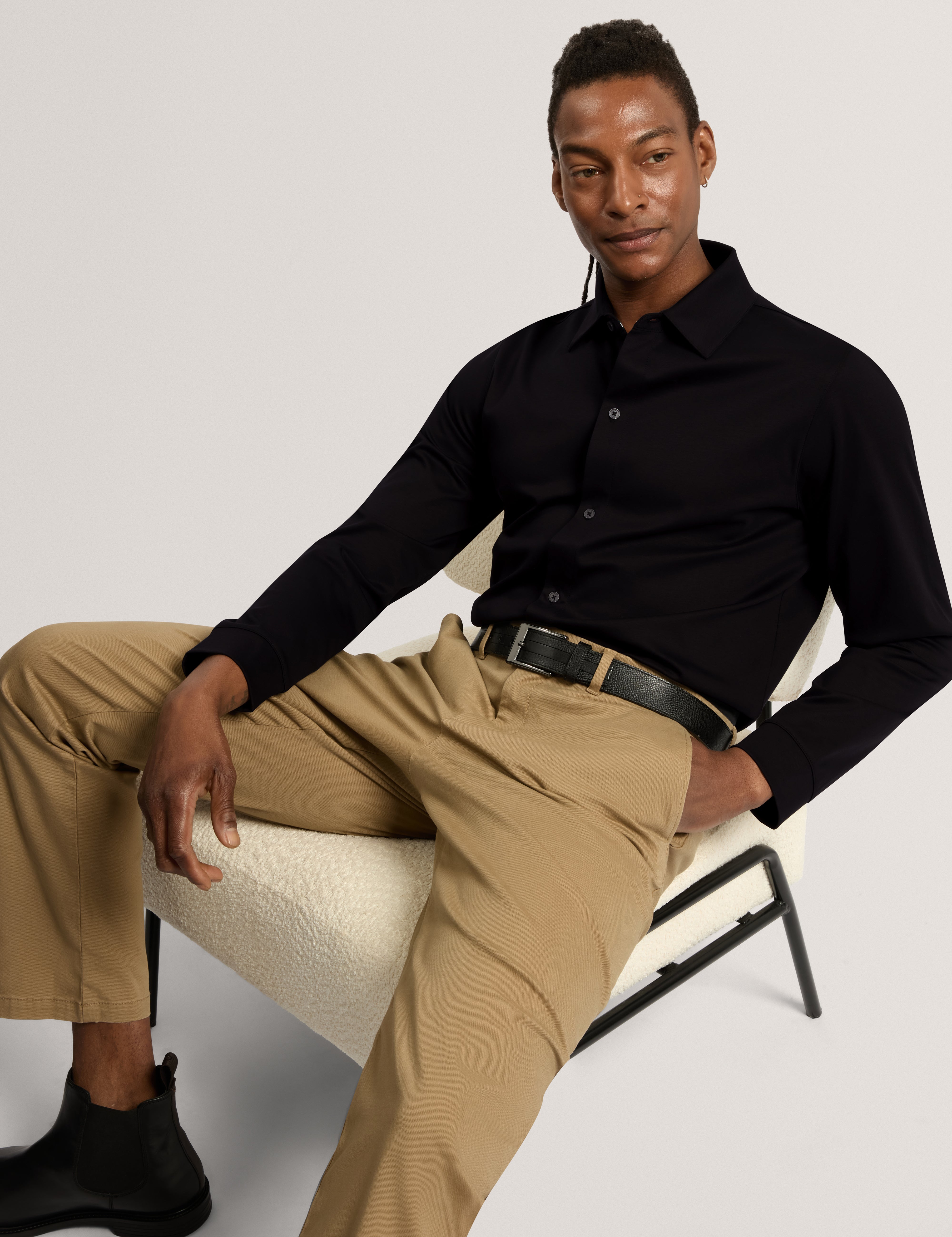 Quillon Long Sleeve Regular Soft Touch Button T-Shirt Black