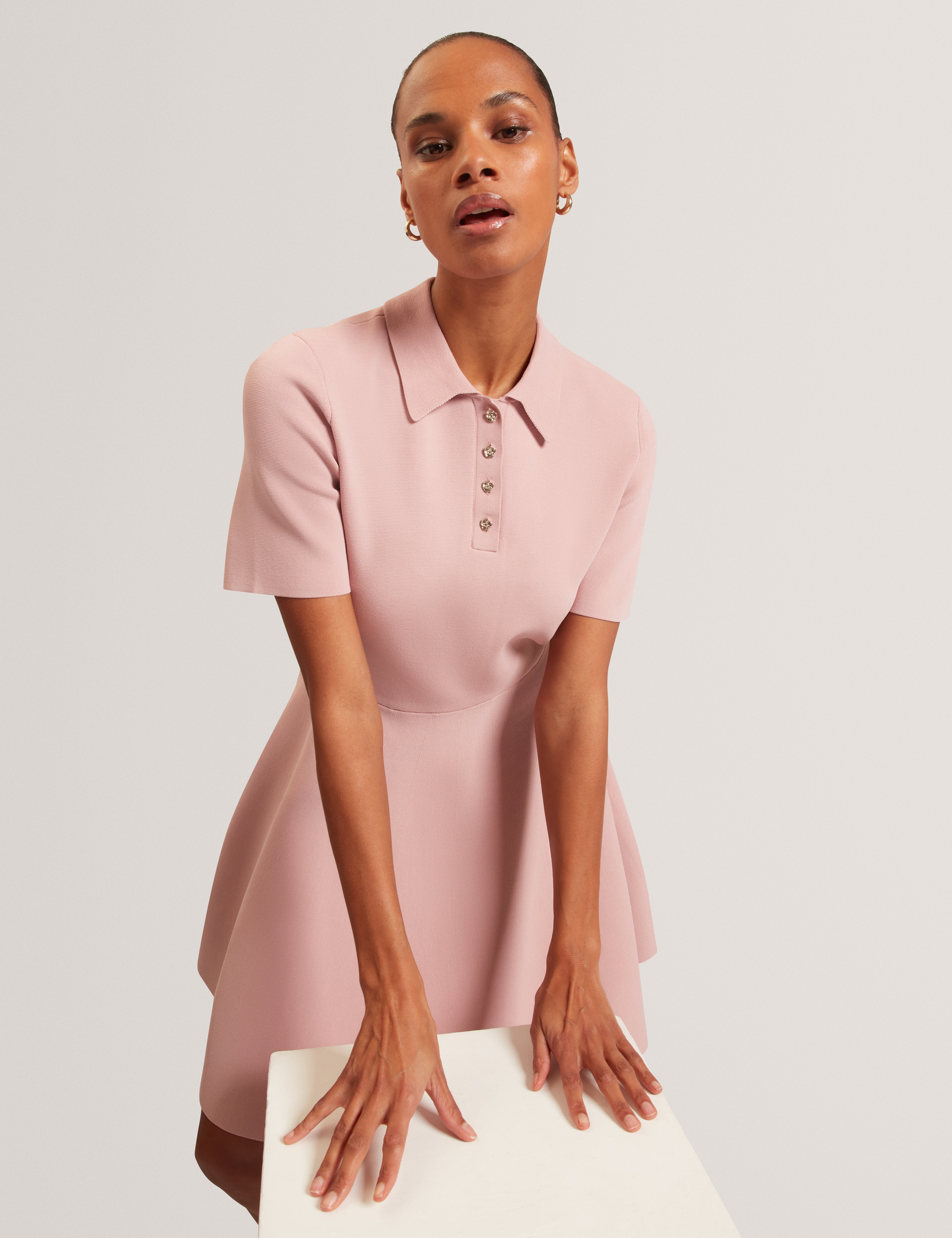 Rondaa Mini Short Sleeve Knitted Polo Dress Dusky-Pink
