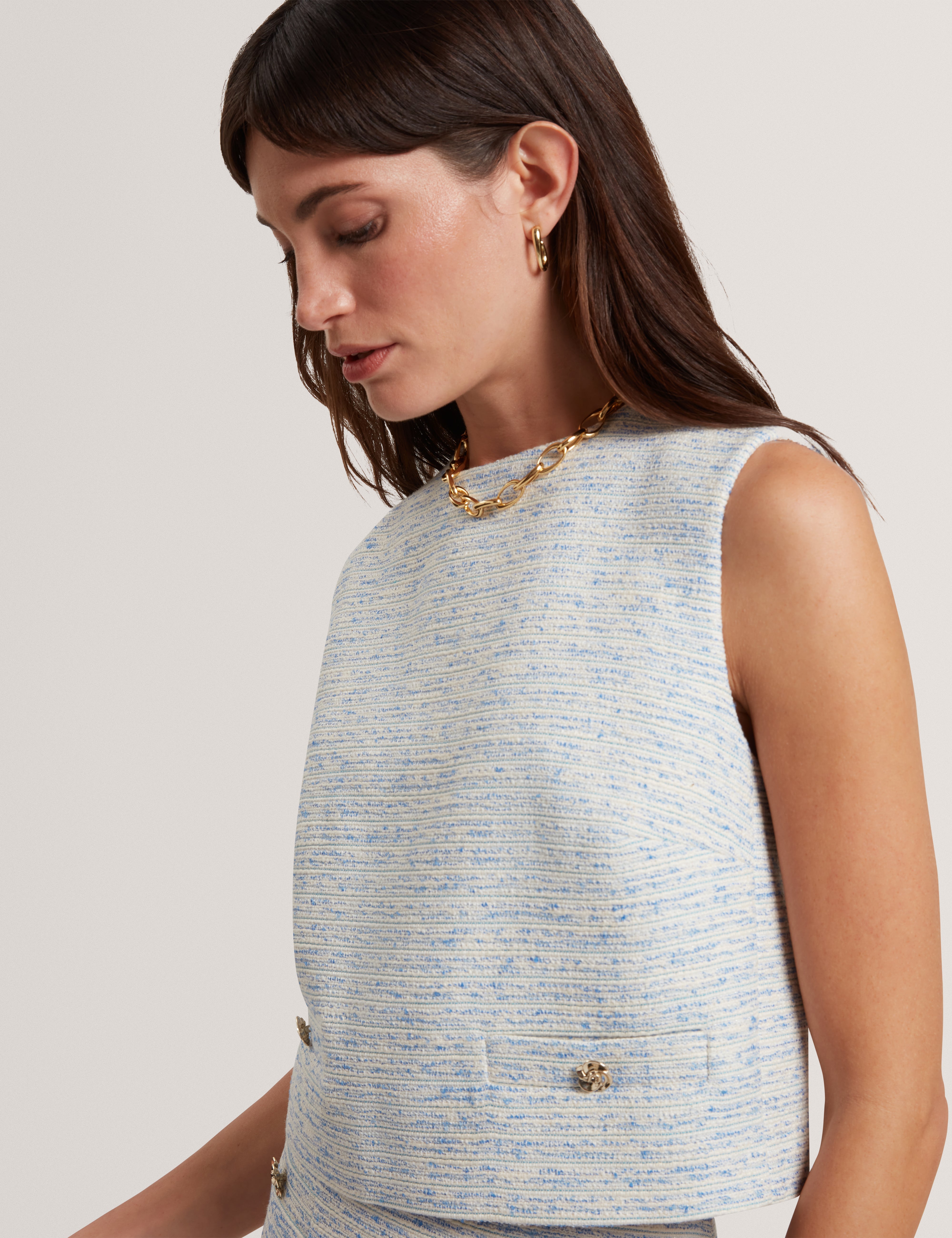 Acadiep Sleeveless Boucle Tailored Top Lt-Blue