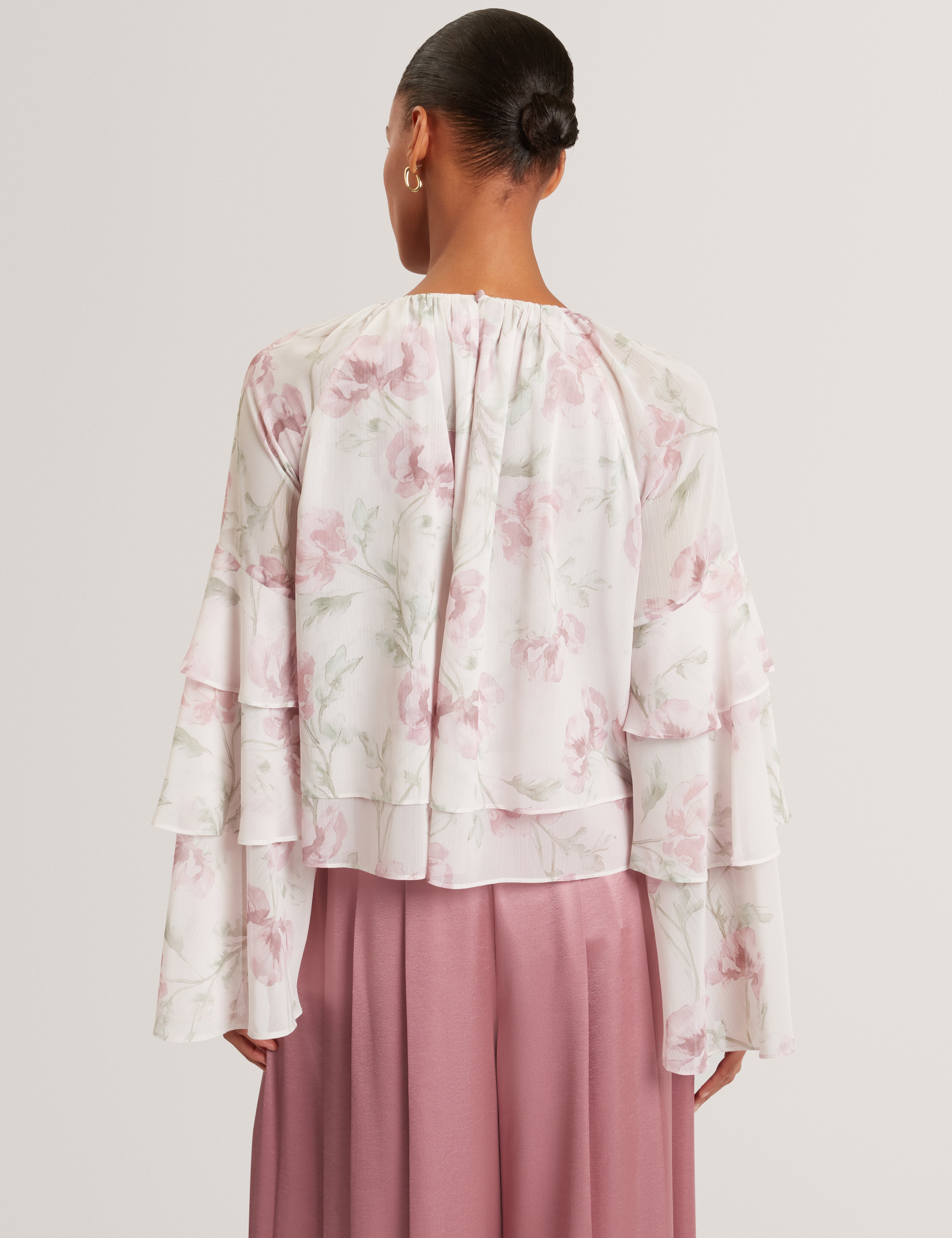 Rizaa Gathered Neck Floral Print Long Sleeve Tops Pl-Pink