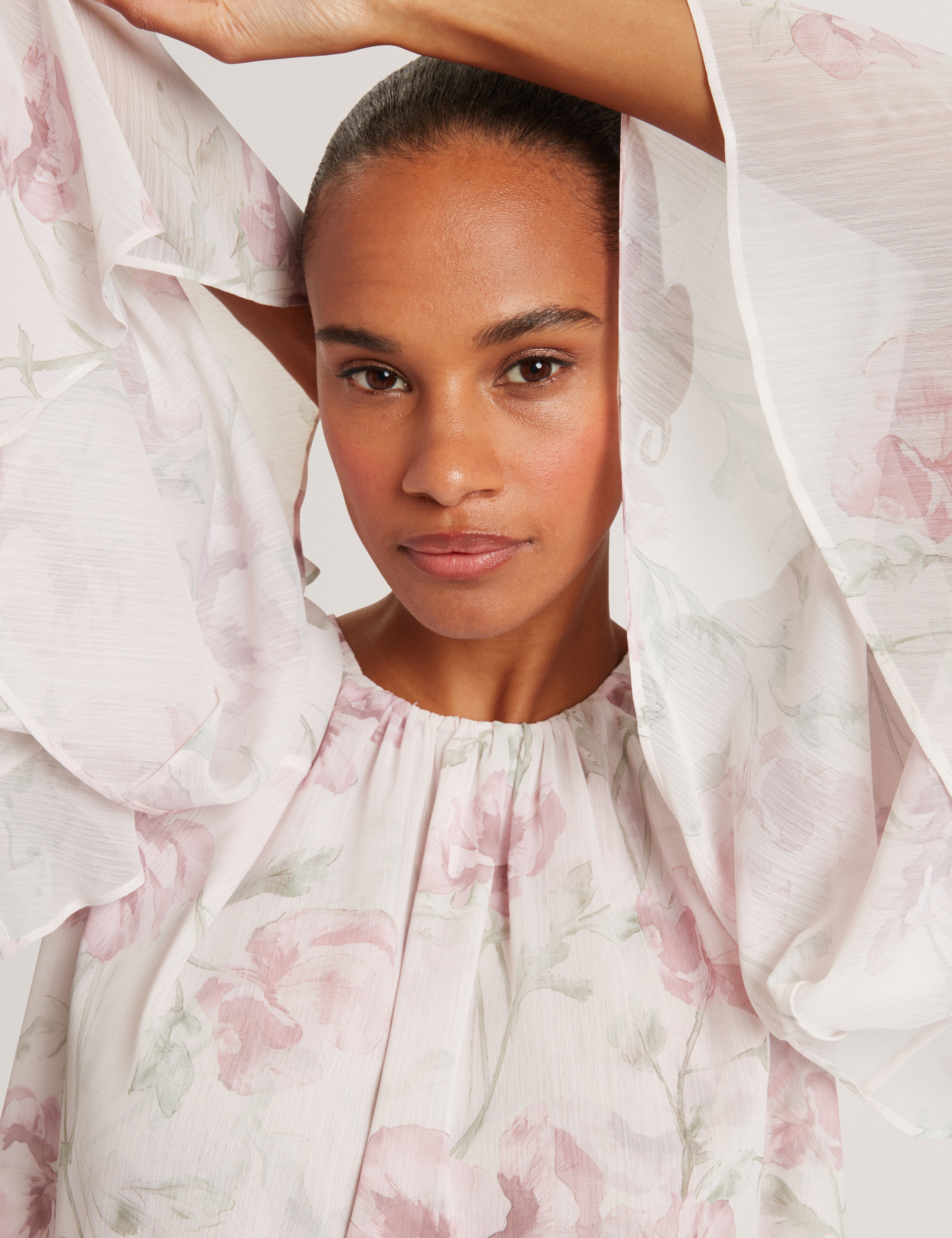 Rizaa Gathered Neck Floral Print Long Sleeve Tops Pl-Pink