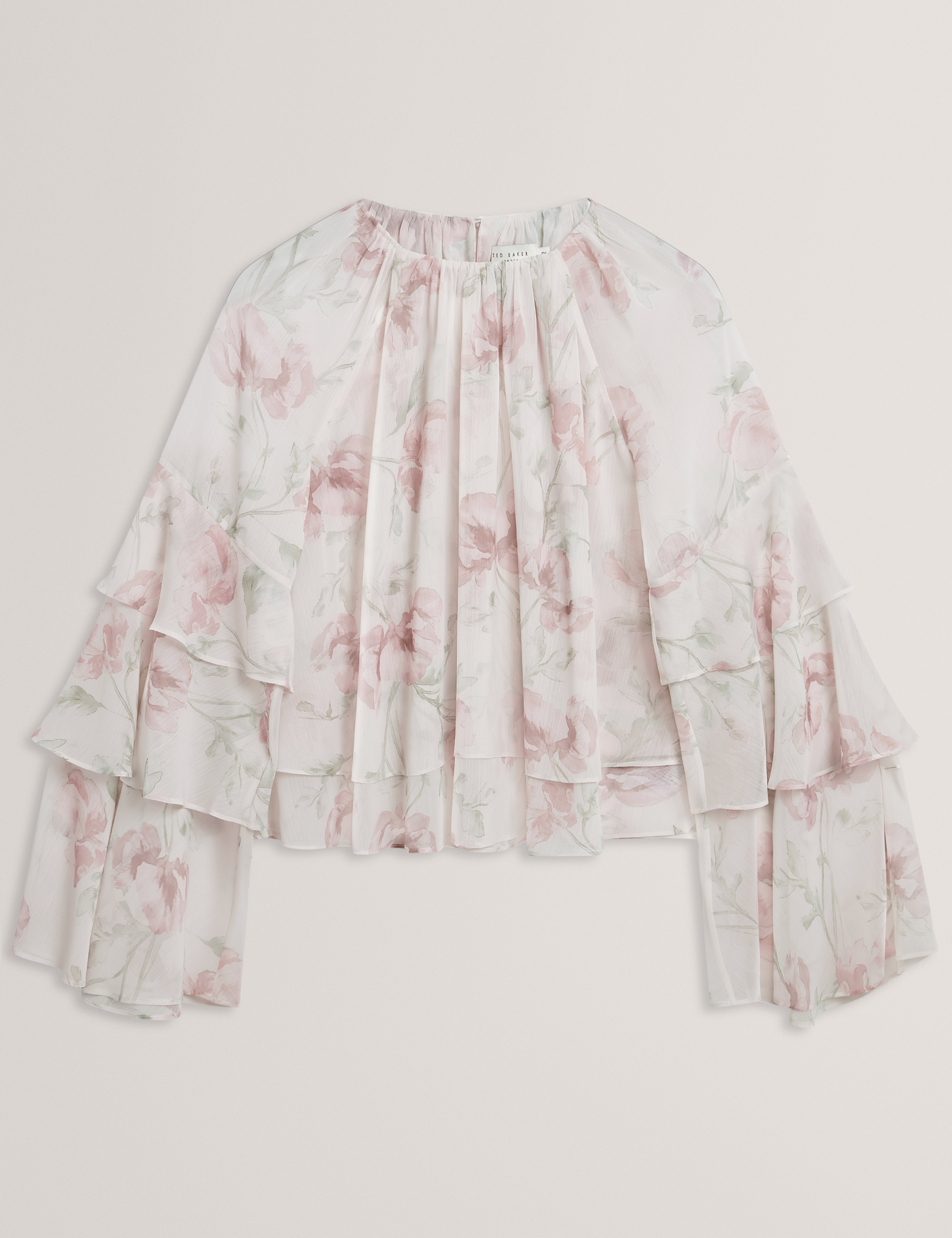 Rizaa Gathered Neck Floral Print Long Sleeve Tops Pl-Pink