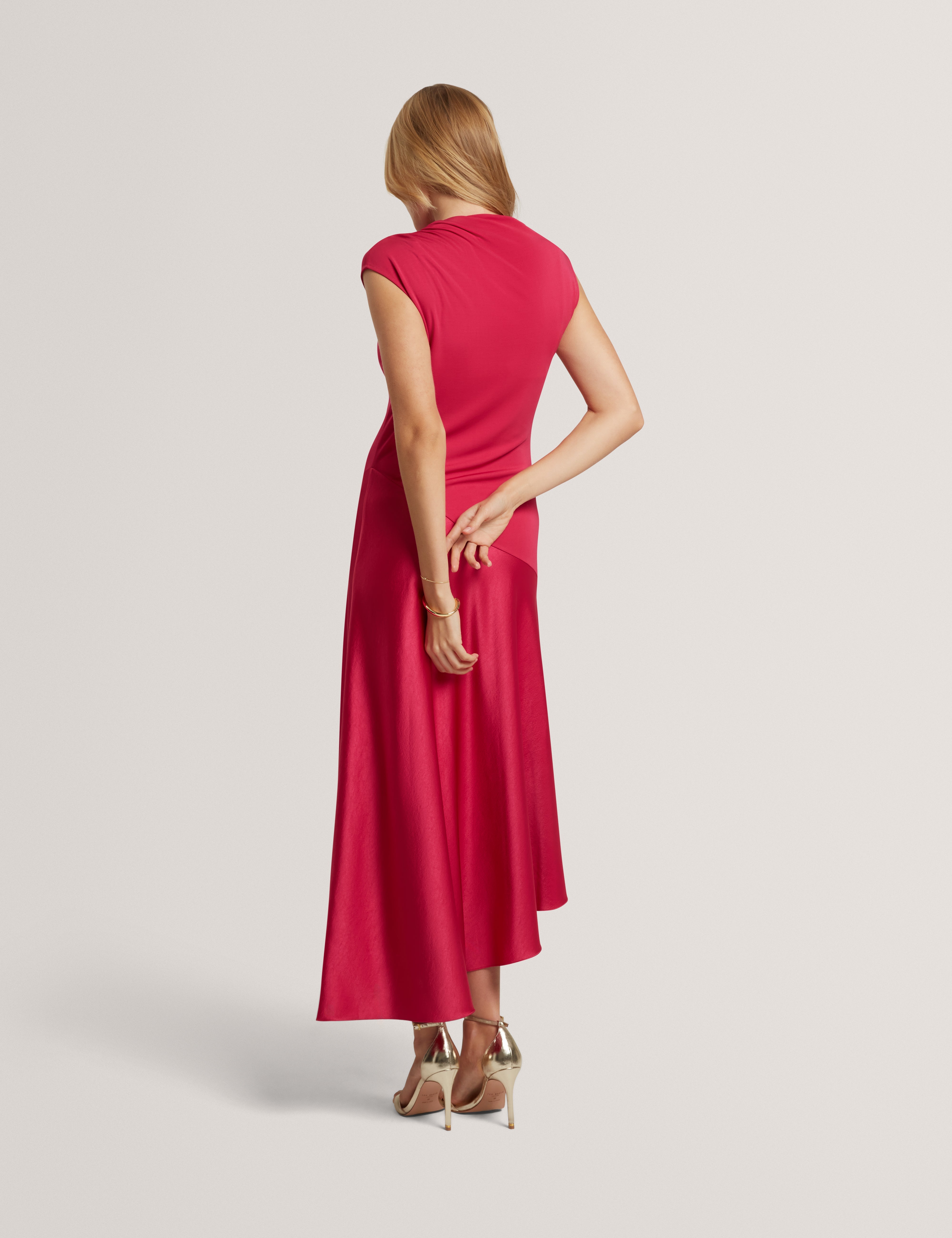 Jaspara Drape Neck Midi Dress With Satin Skirt Brt-Pink