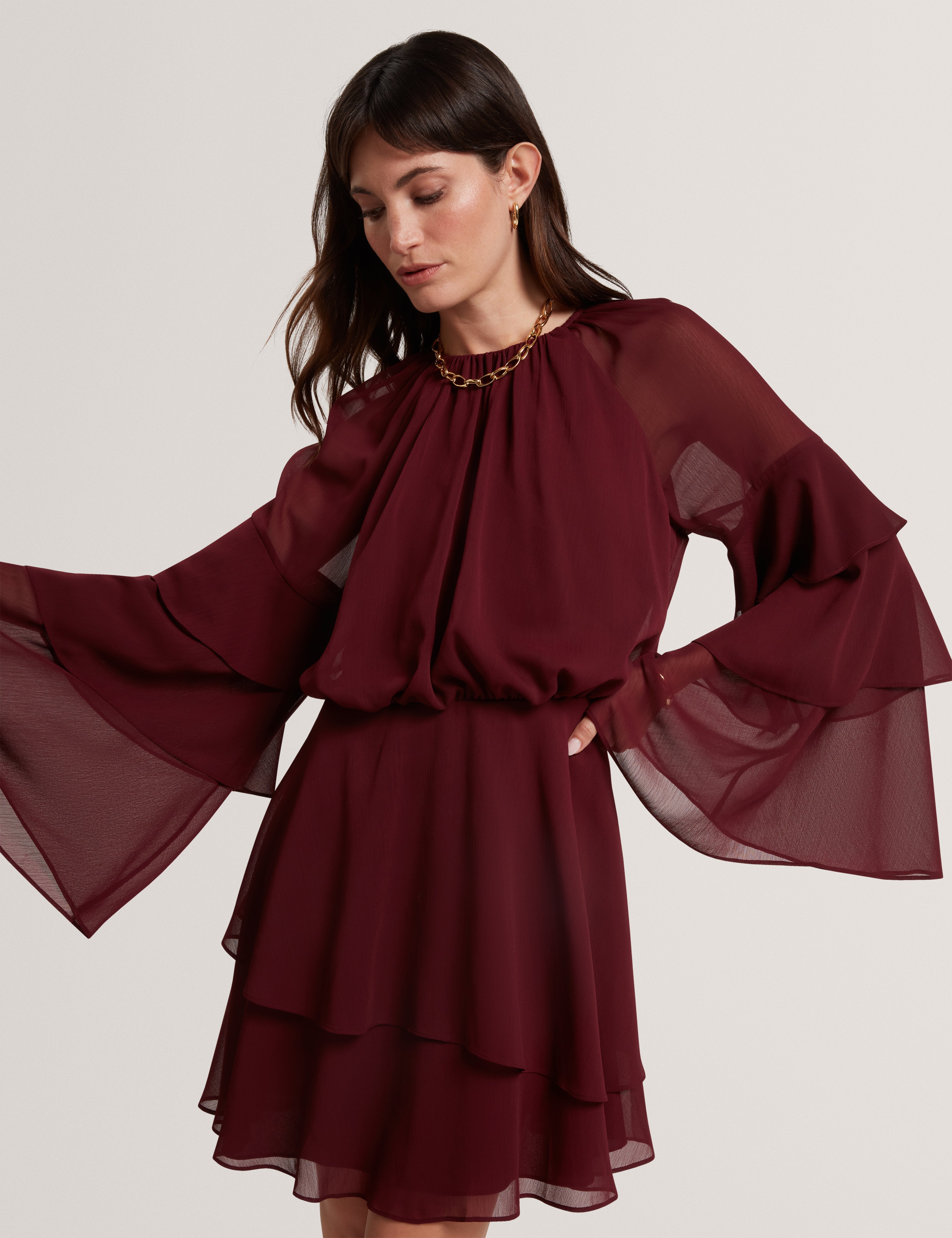 Serento Tiered Long Sleeve Mini Dress Oxblood
