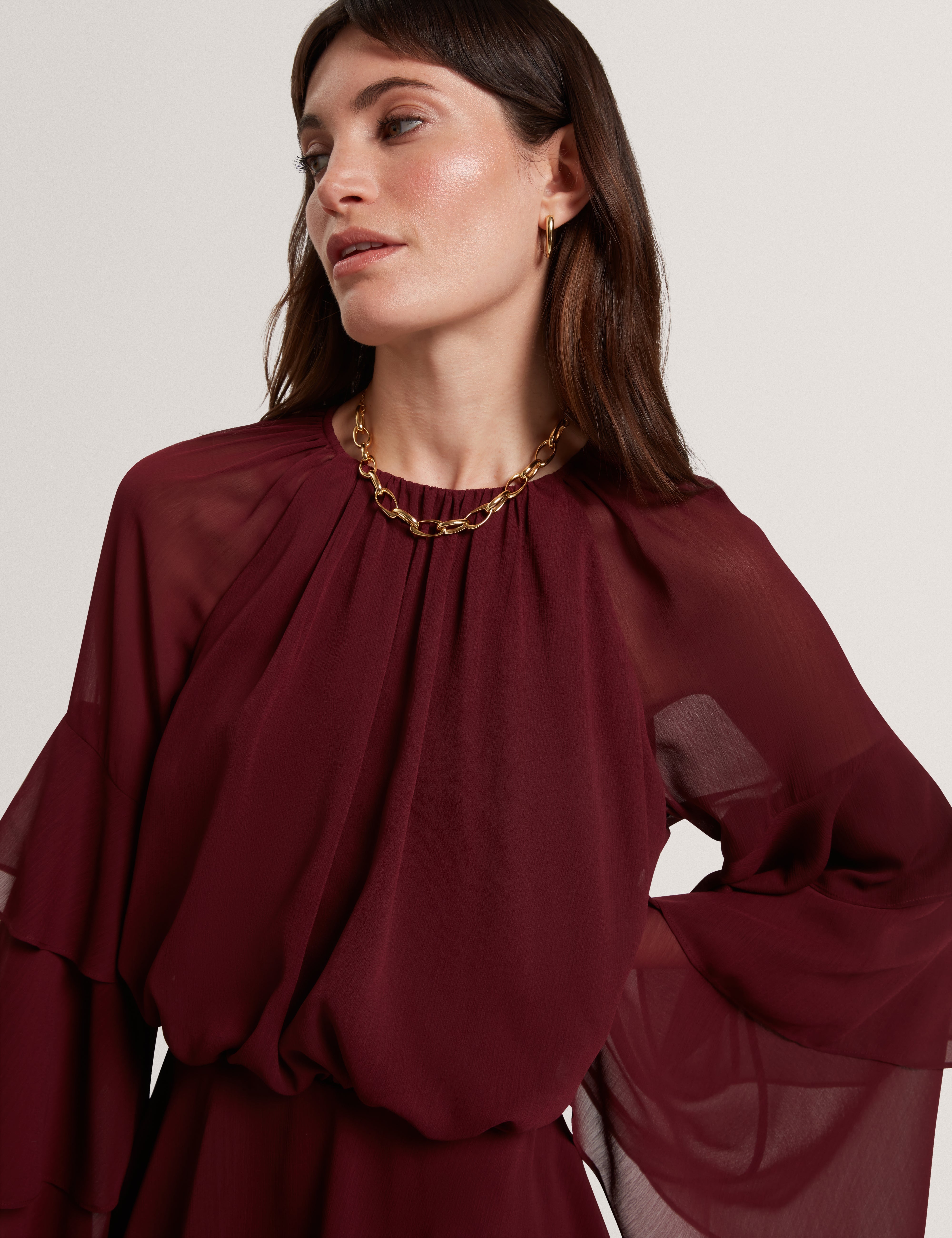 Serento Tiered Long Sleeve Mini Dress Oxblood