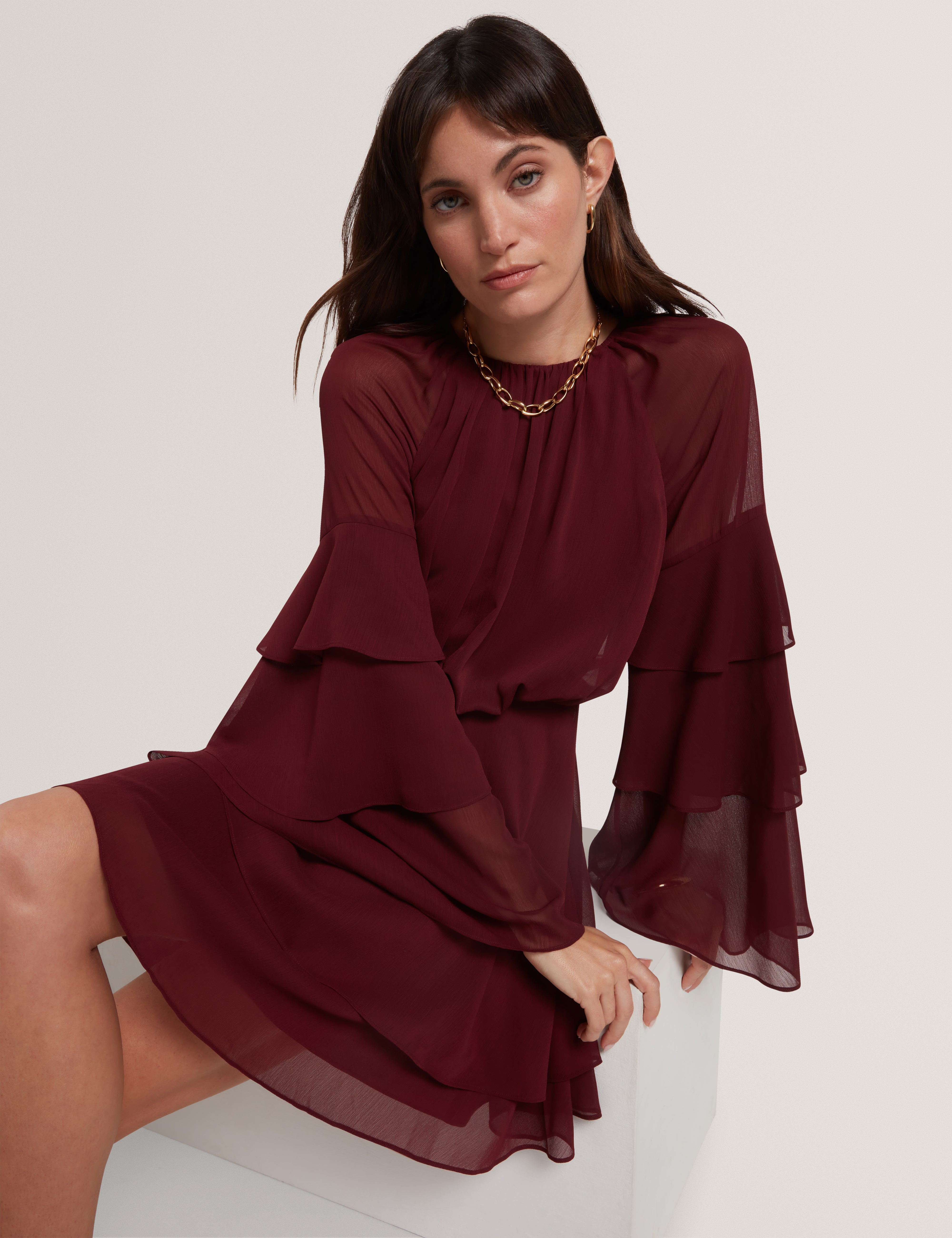 Serento Tiered Long Sleeve Mini Dress Oxblood