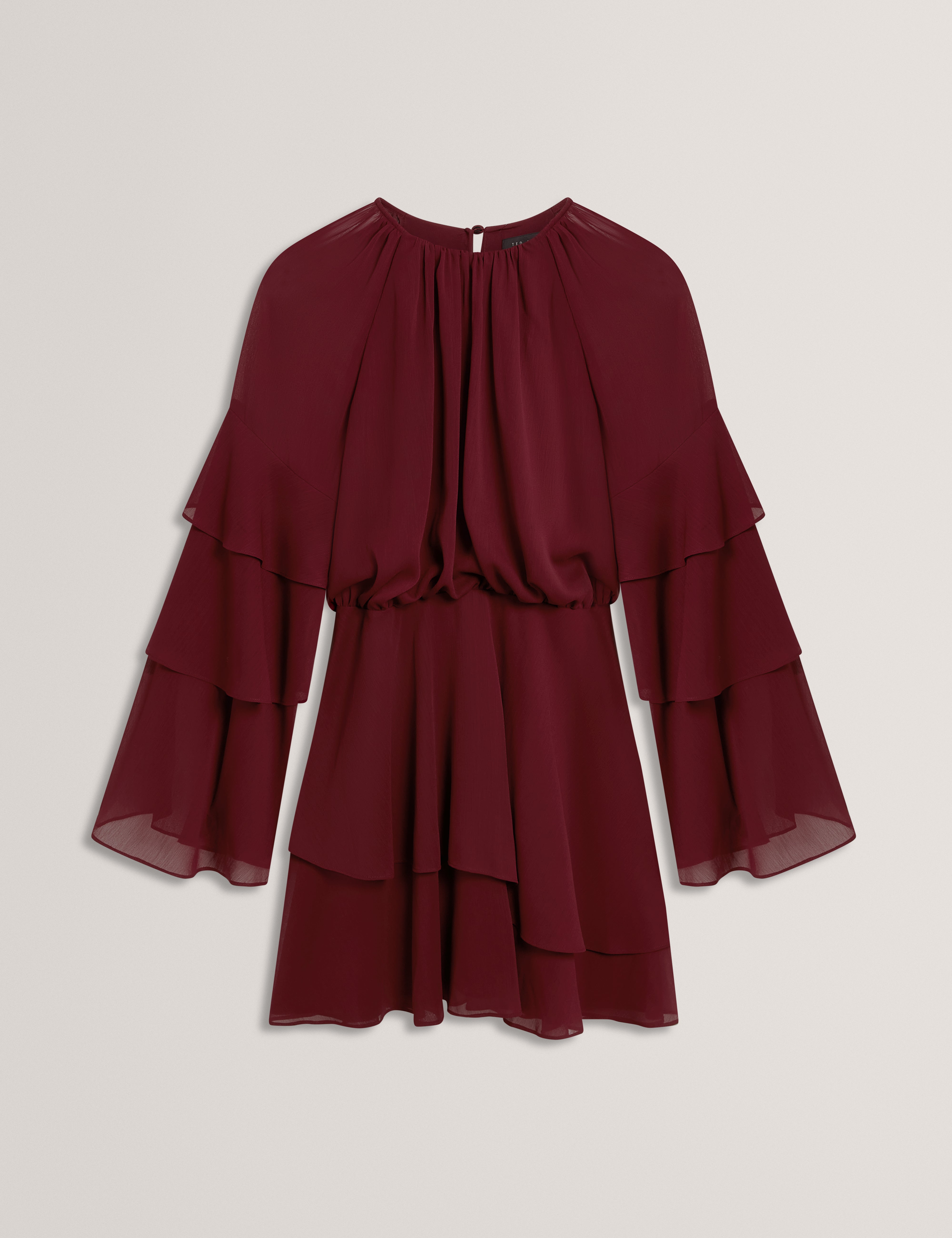 Serento Tiered Long Sleeve Mini Dress Oxblood