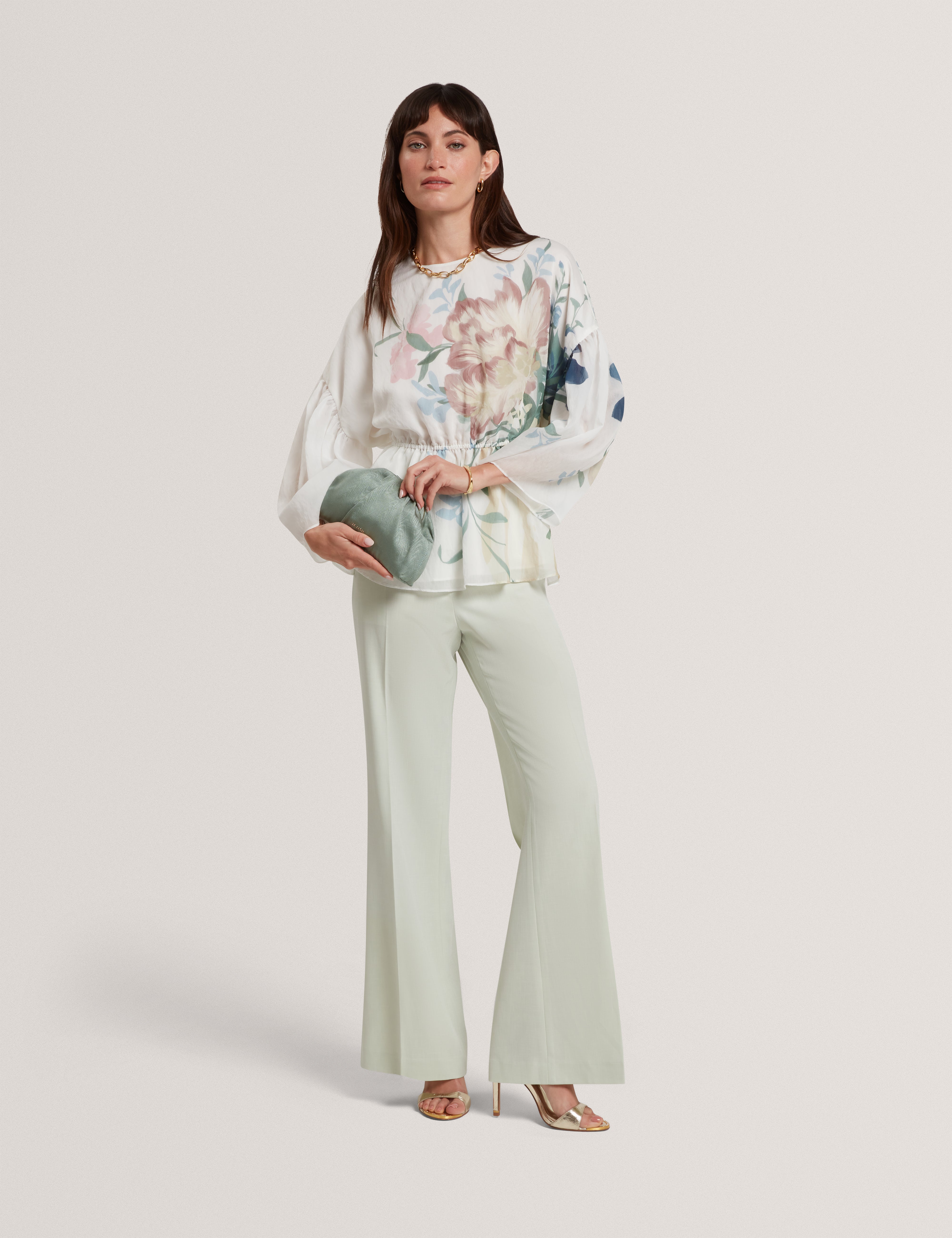 Ahlanza Printed Puff Sleeve Peplum Top Ivory