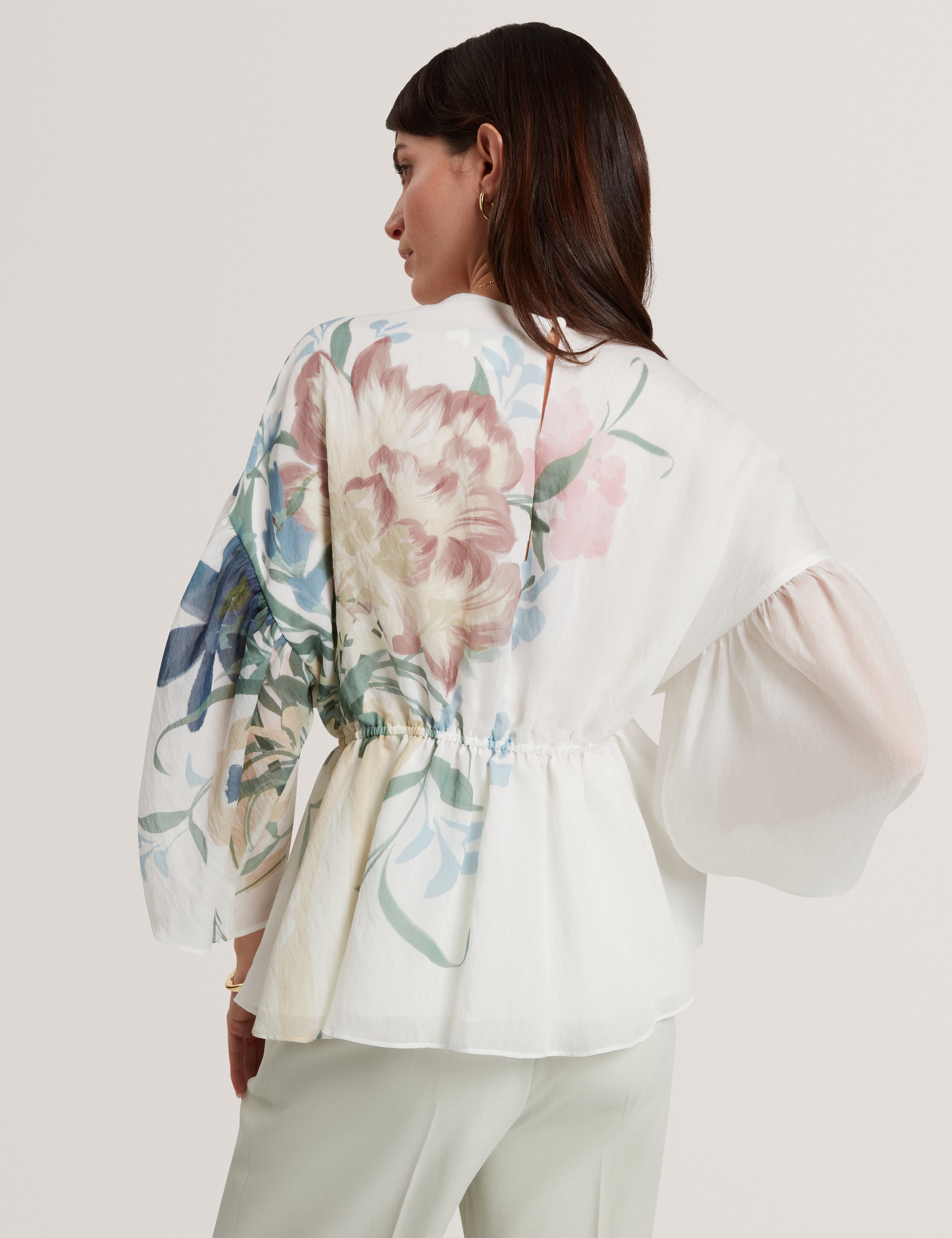 Ahlanza Printed Puff Sleeve Peplum Top Ivory