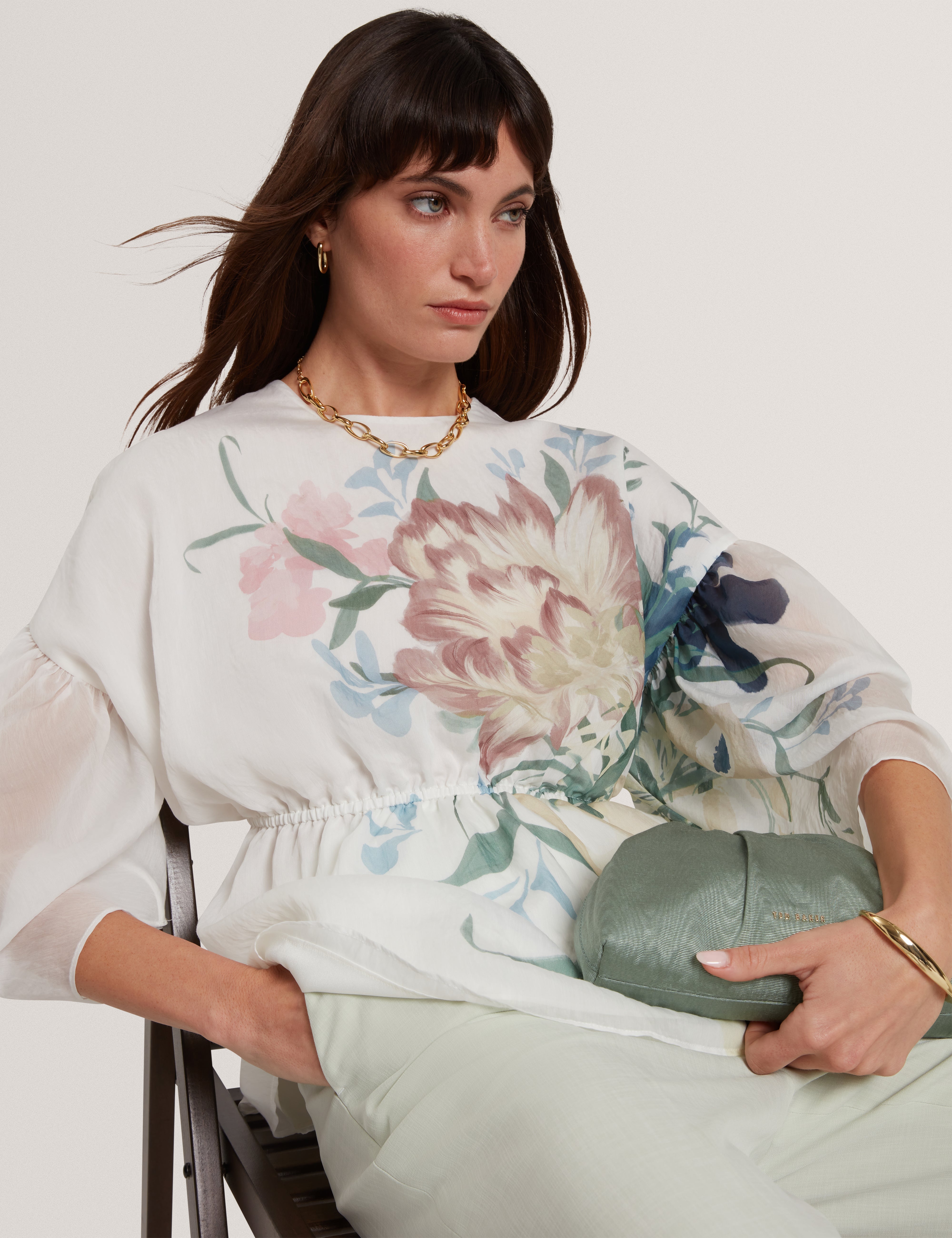 Ahlanza Printed Puff Sleeve Peplum Top Ivory