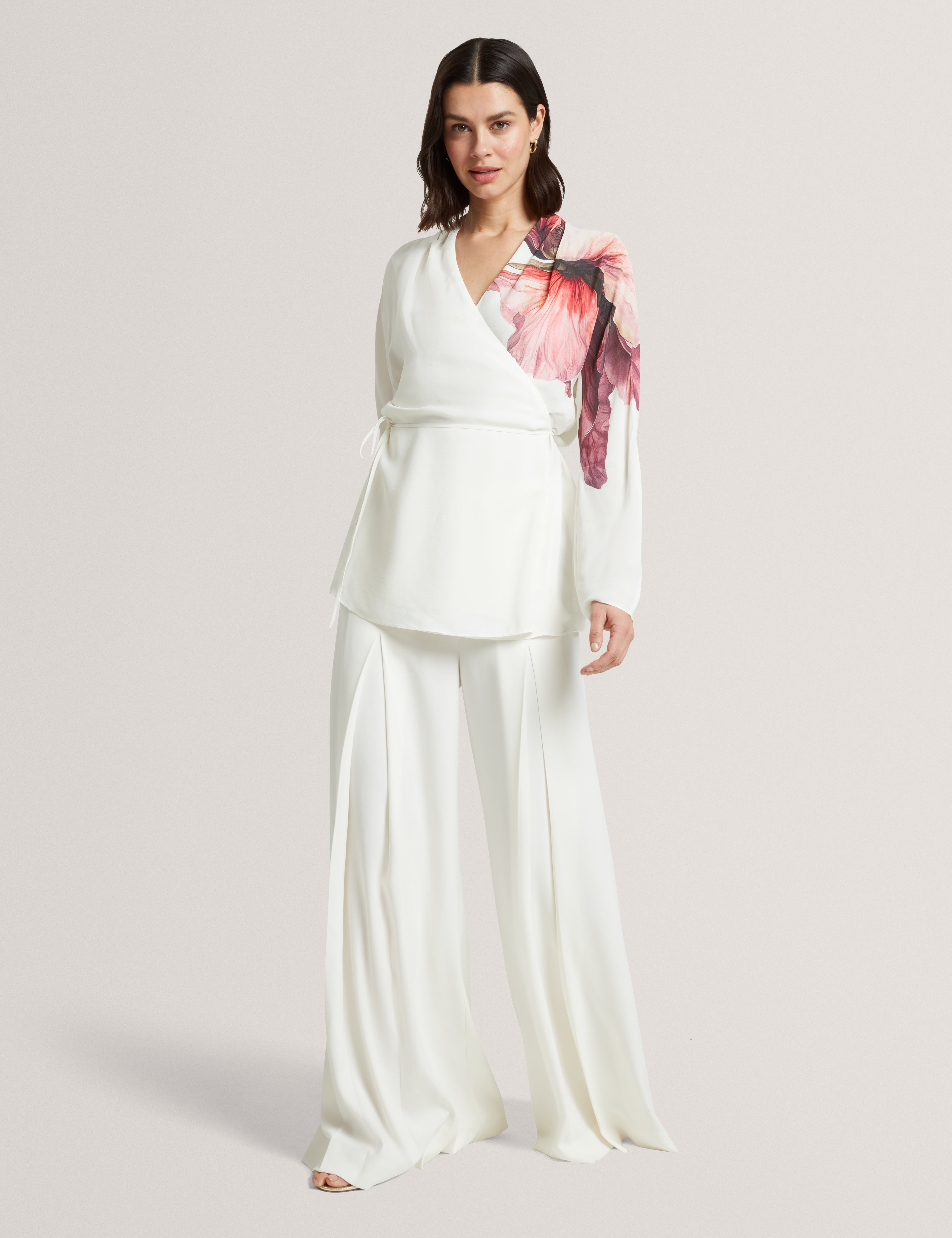 Joleene Printed Wrap Tie Detail Long Sleeve Blouse Ivory