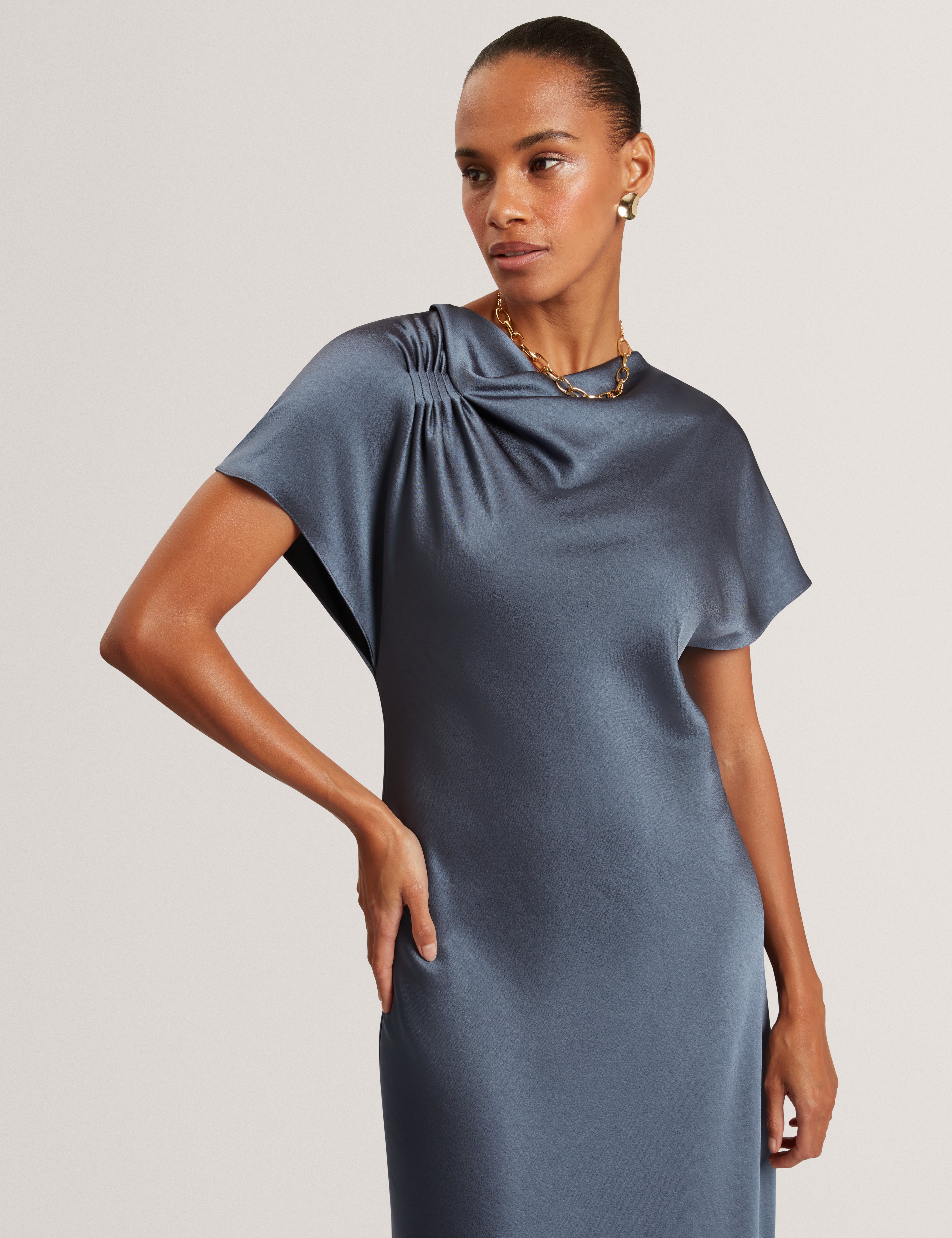 Dascha Draped Neck Bias Midi Dress Grey