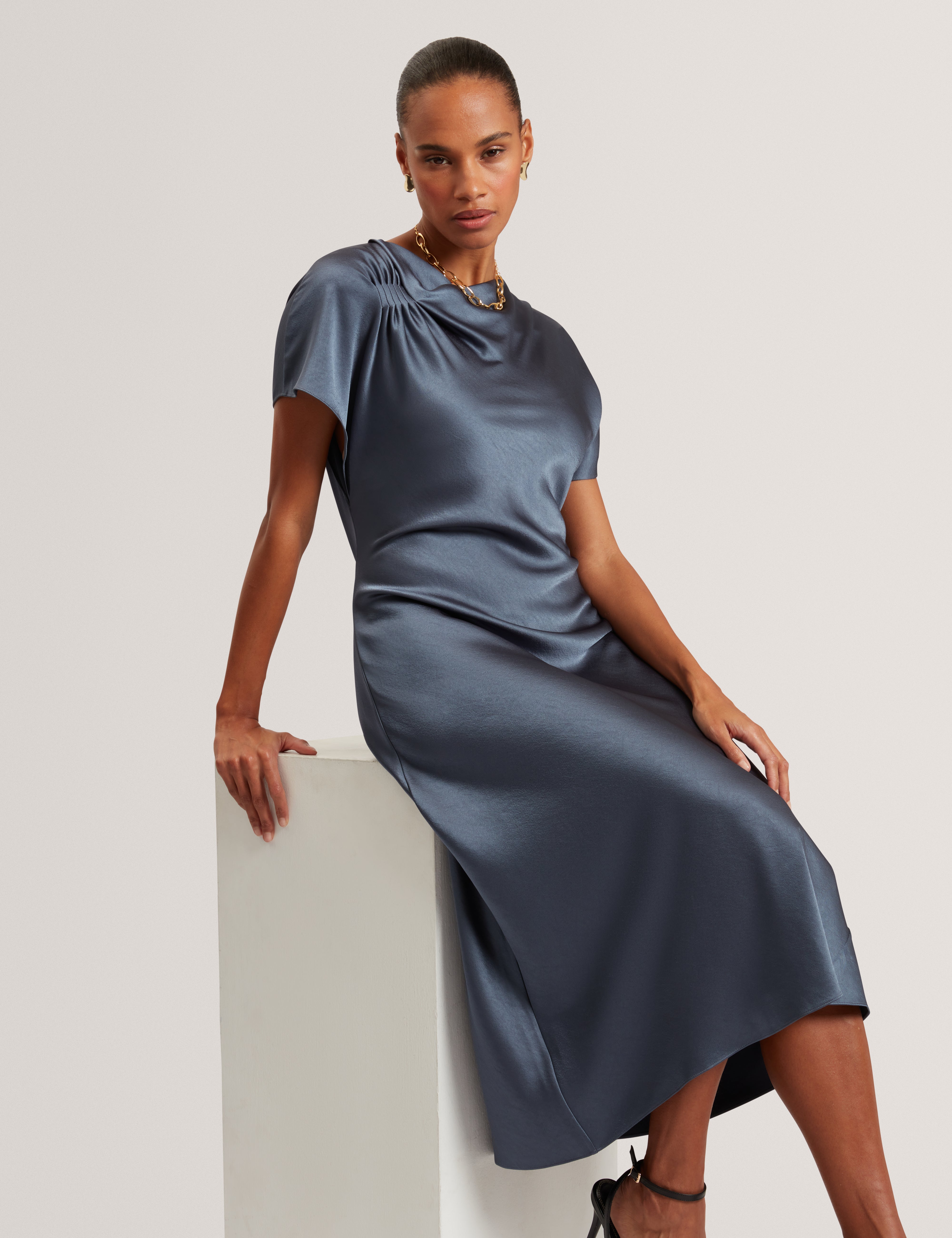 Dascha Draped Neck Bias Midi Dress Grey