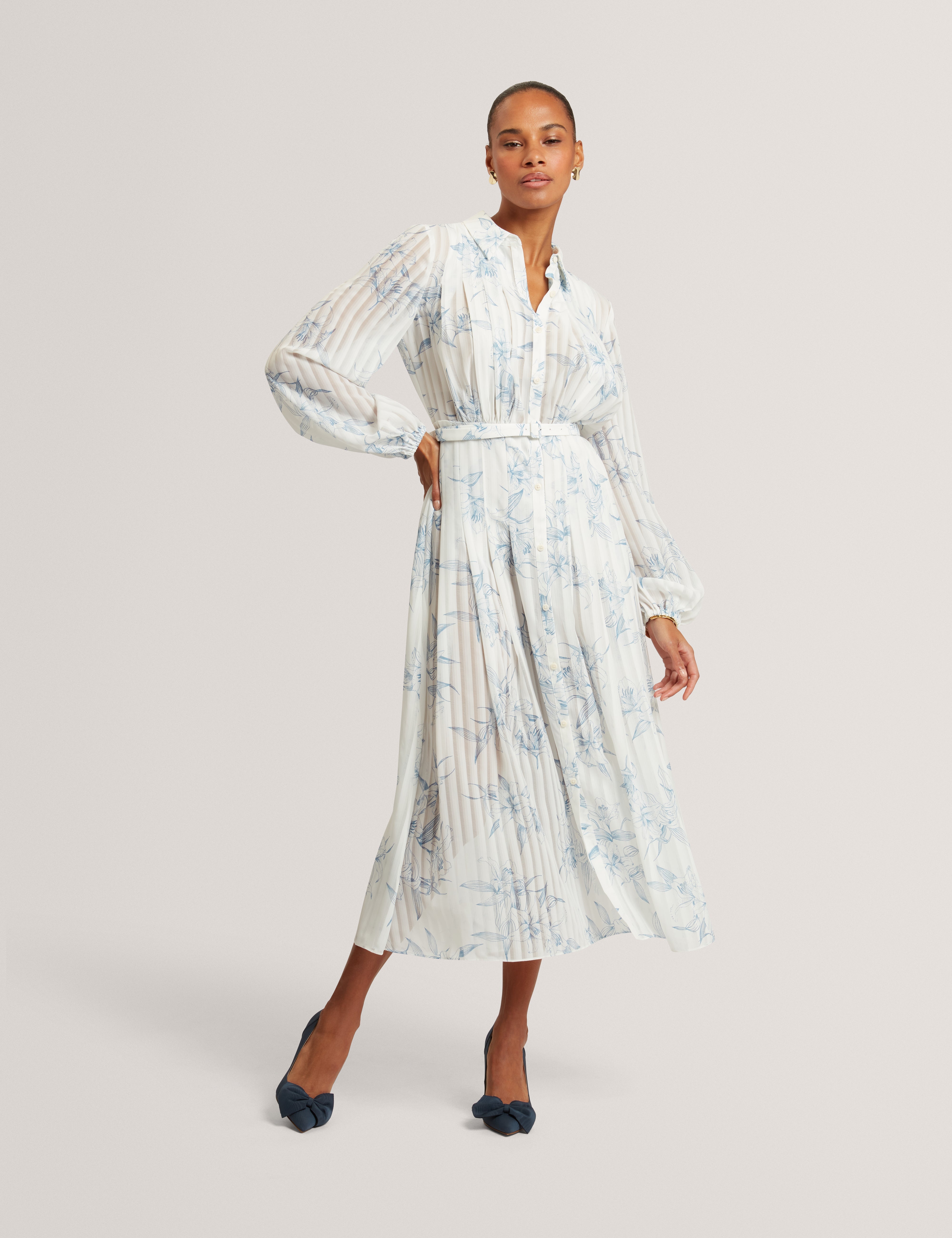Bernia Pleated Midi Printed Shirt Dress White